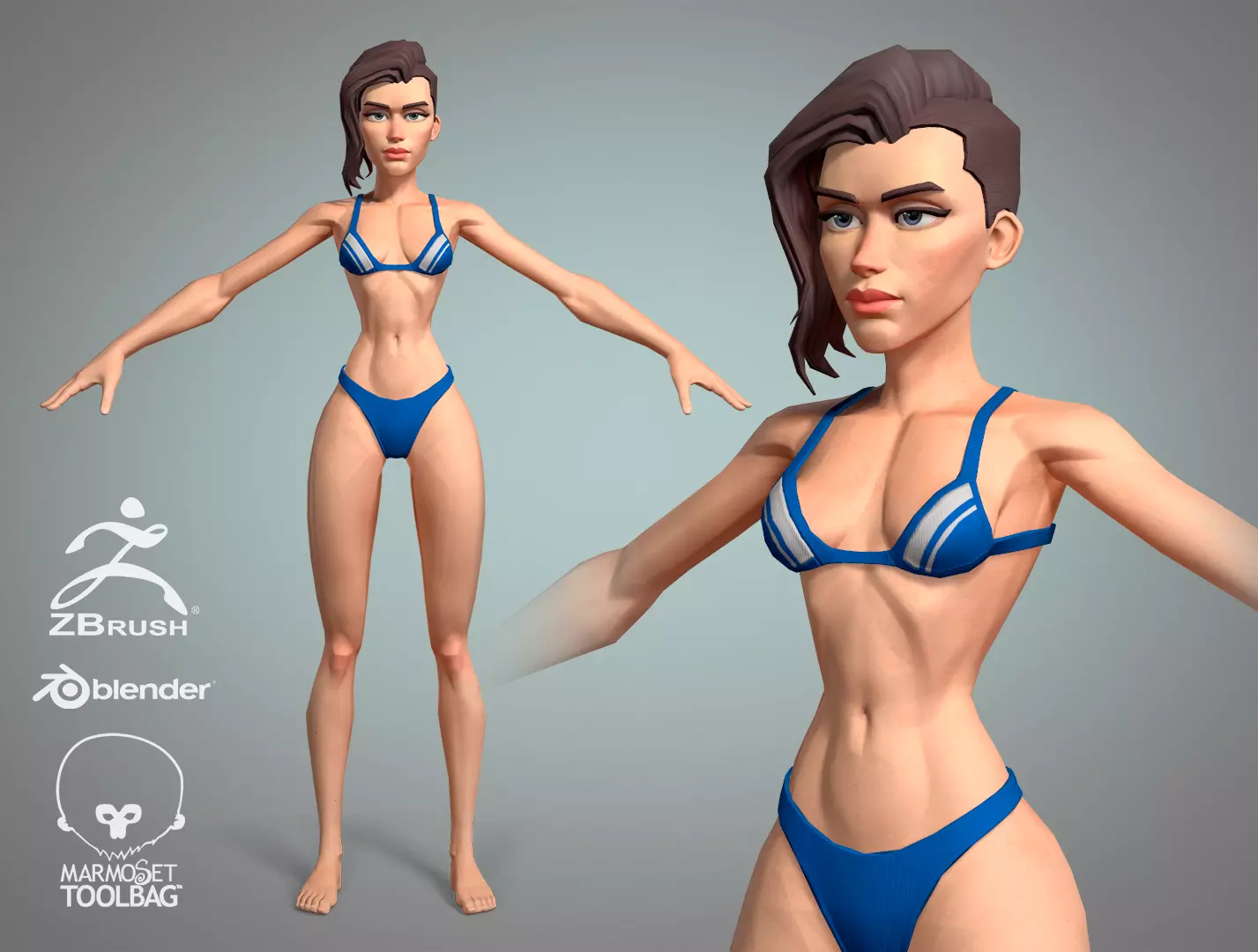Cartoon female character Meg base mesh game ready Low-poly 3D model_0
