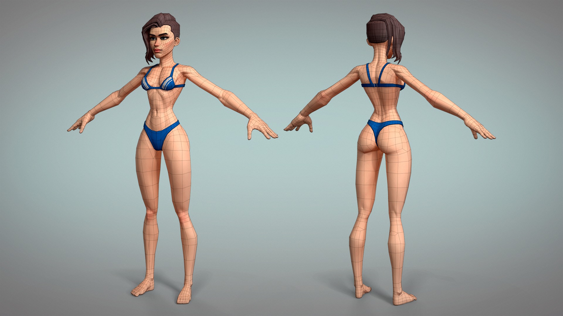 Cartoon female character Meg base mesh game ready Low-poly 3D model_3
