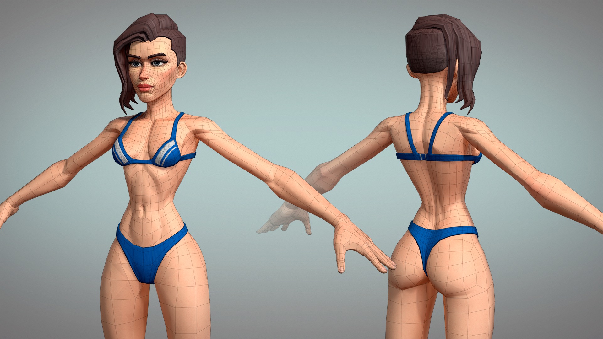 Cartoon female character Meg base mesh game ready Low-poly 3D model_9