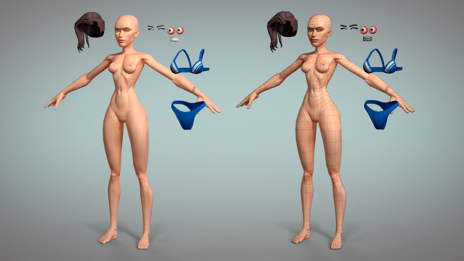 Cartoon female character Meg base mesh game ready Low-poly 3D model_10