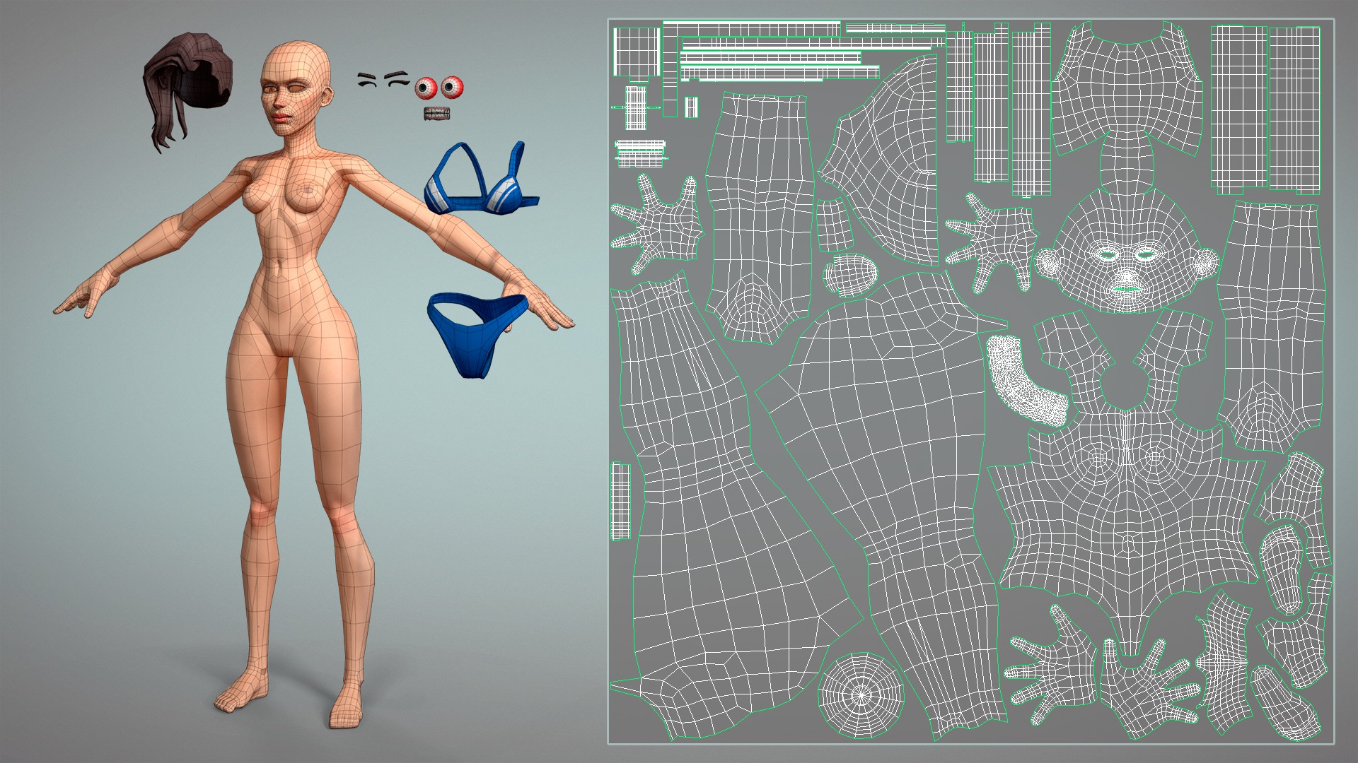 Cartoon female character Meg base mesh game ready Low-poly 3D model_11