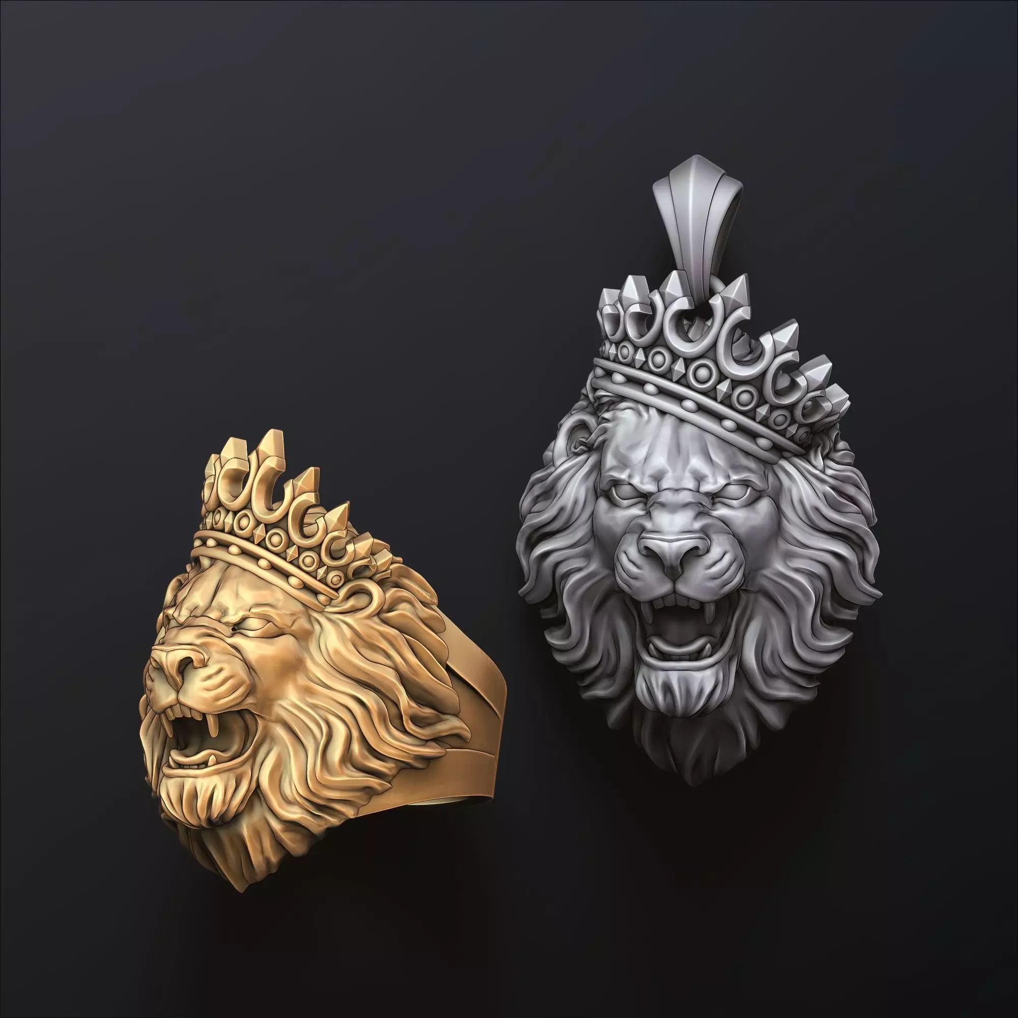 Lion With Crown V2 Ring Pendant Collection 3D print model_0