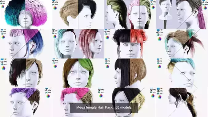 Mega female Hair Pack 3D Model Collection