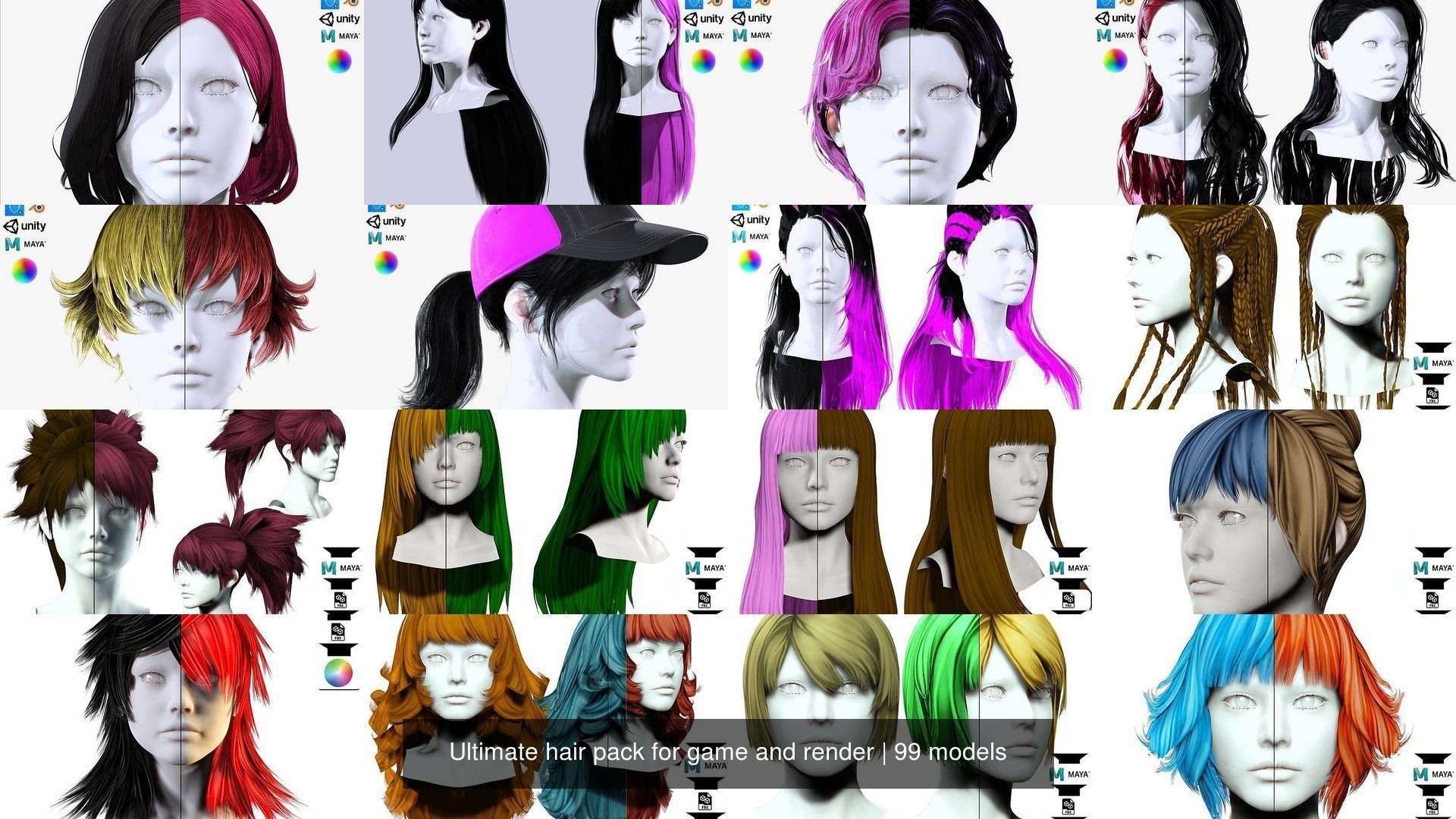 Ultimate hair pack for game and render 3D Model Collection_8