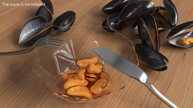 Cleaned Boiled Mussels in Bowl 3D model