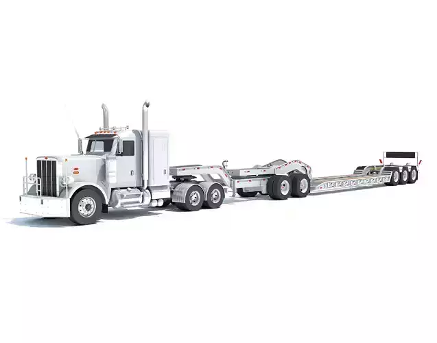 Semi Truck with Lowboy Trailer 3D model