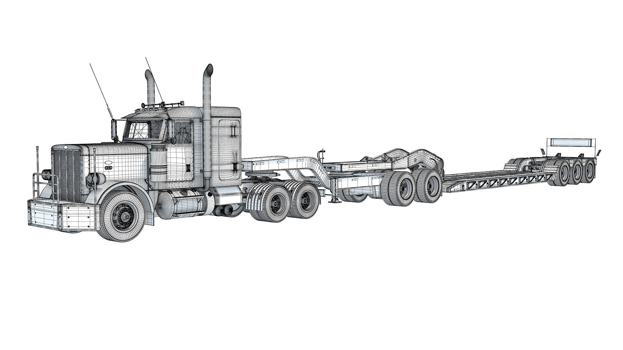 Semi Truck with Lowboy Trailer 3D model_16