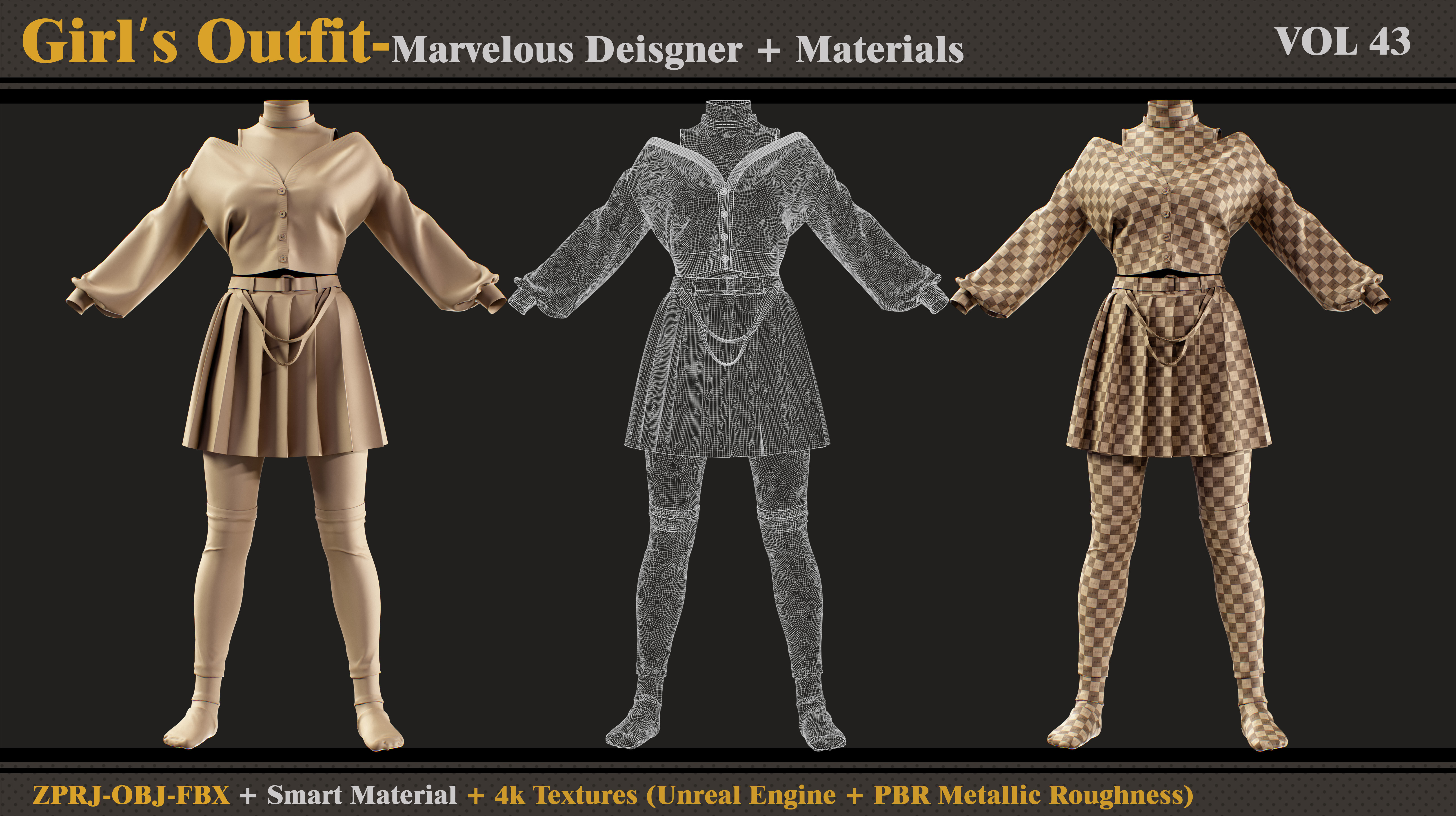 Girls Outfit- MD-Clo3d-Smart Material- Textures-OBJ-FBX 3D model_3