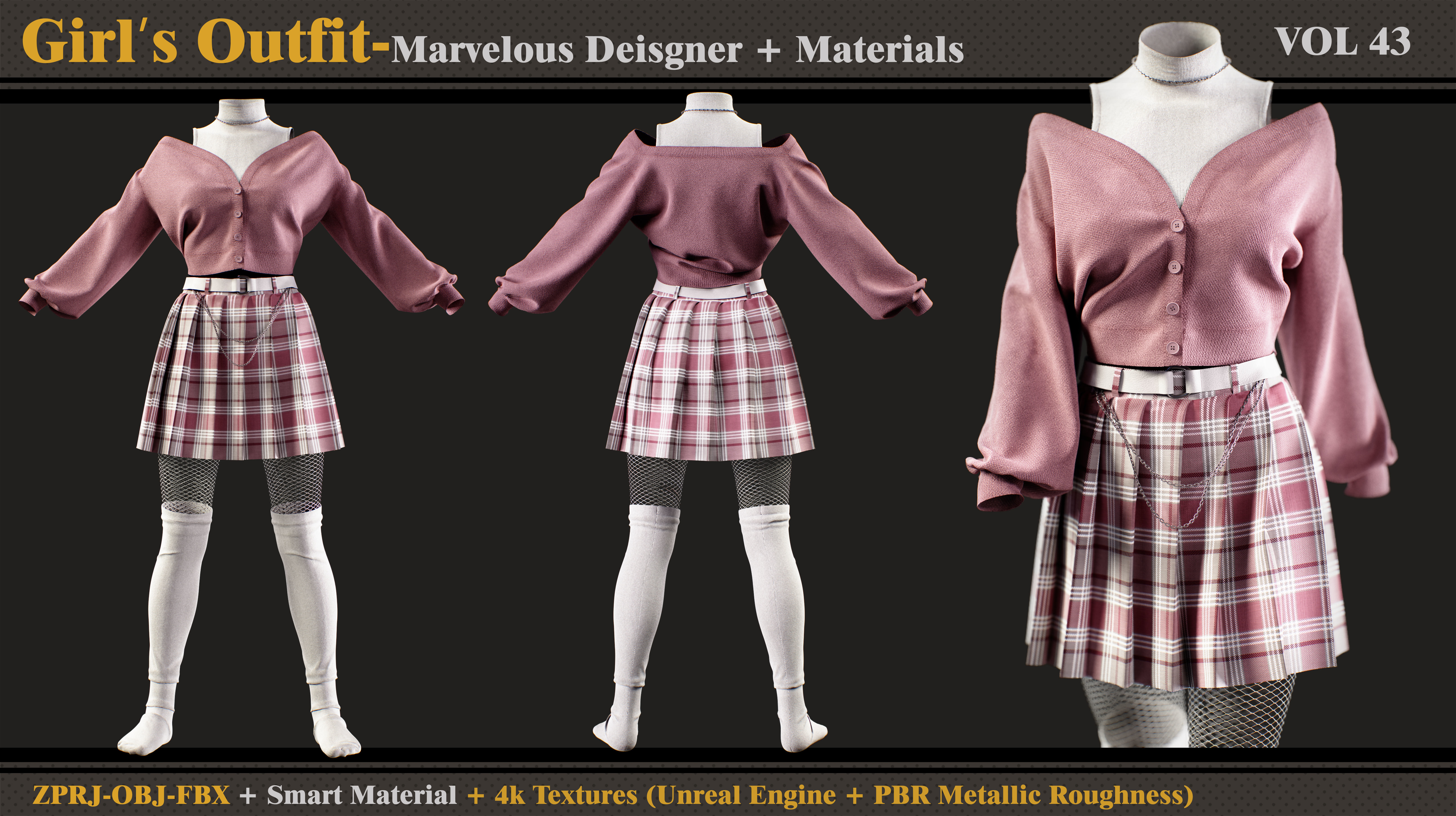 Girls Outfit- MD-Clo3d-Smart Material- Textures-OBJ-FBX 3D model_1