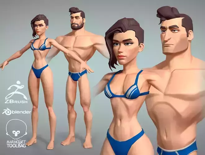 Cartoon male and female Character Hugh and Meg base mesh Low-poly 3D model