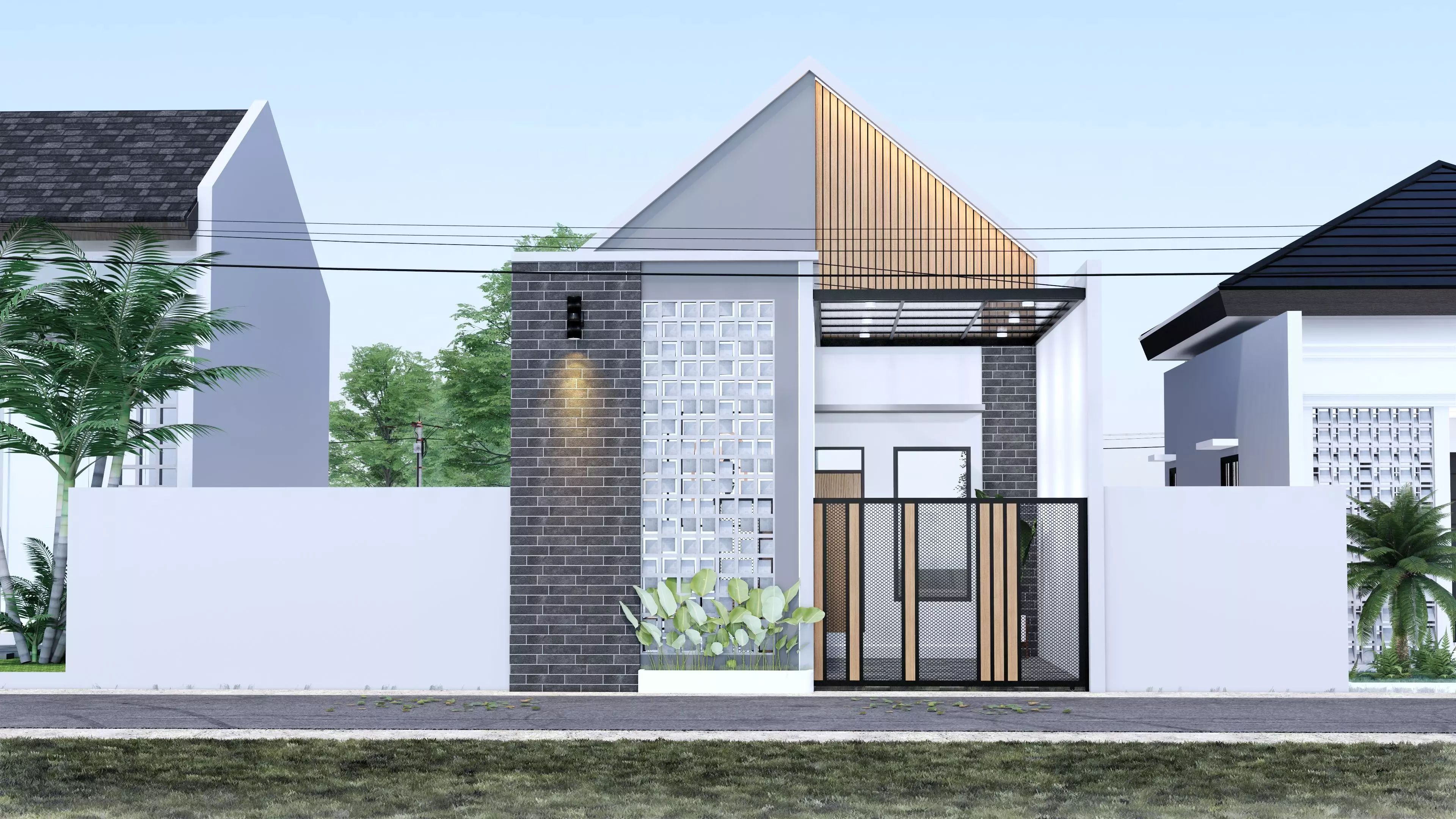 Architecture One Floor Modern House Full Interior Furniture 3D model_0