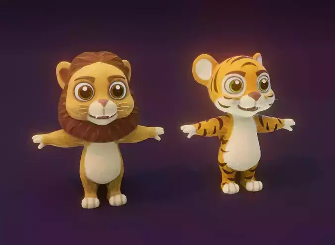 Cartoon Animated Lion and Tiger 3D Model Collection Low-poly 3D model