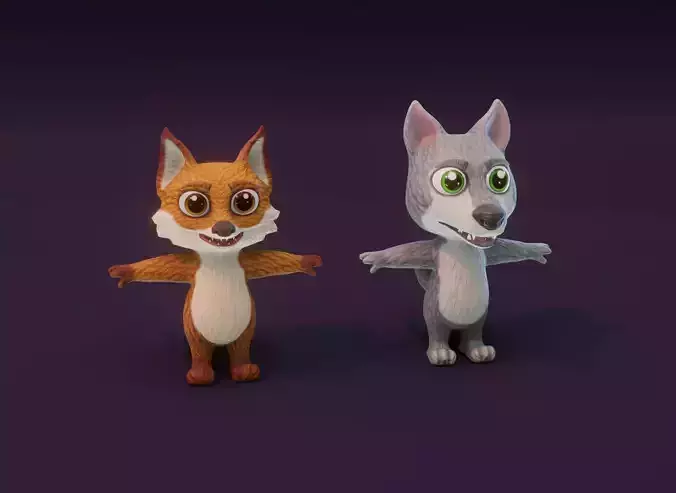 Cartoon Animated Wolf and Fox 3D Model Collection Low-poly 3D model