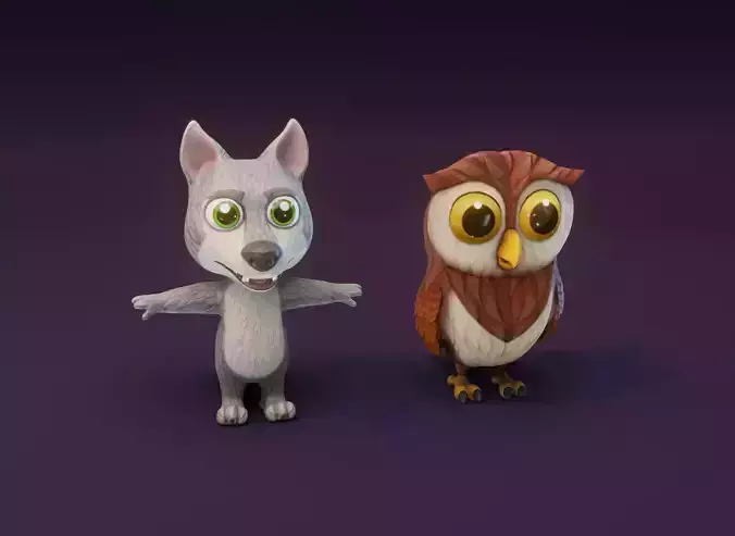 Cartoon Animated Owl and Wolf 3D Model Collection Low-poly 3D model