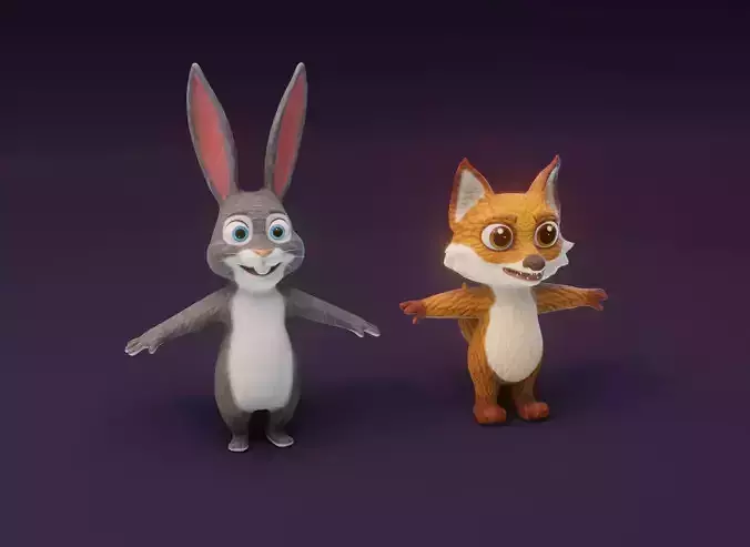 Cartoon Animated Rabbit and Fox 3D Model Collection Low-poly 3D model