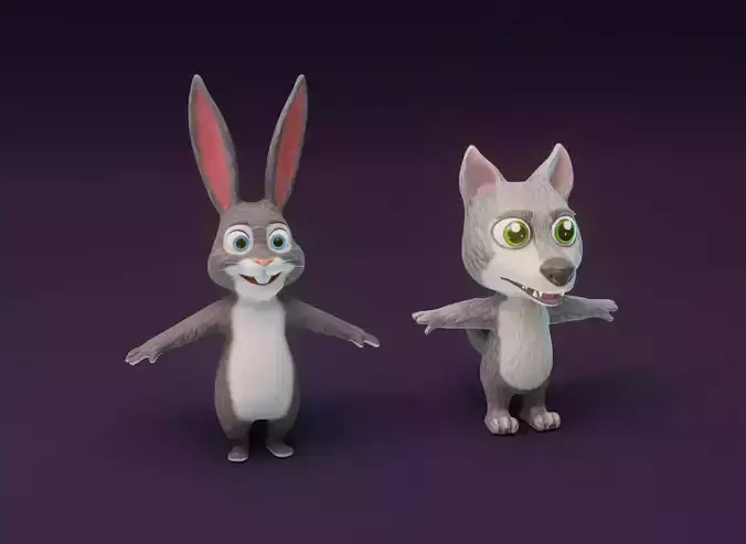 Cartoon Animated Wolf and Rabbit 3D Model Collection Low-poly 3D model