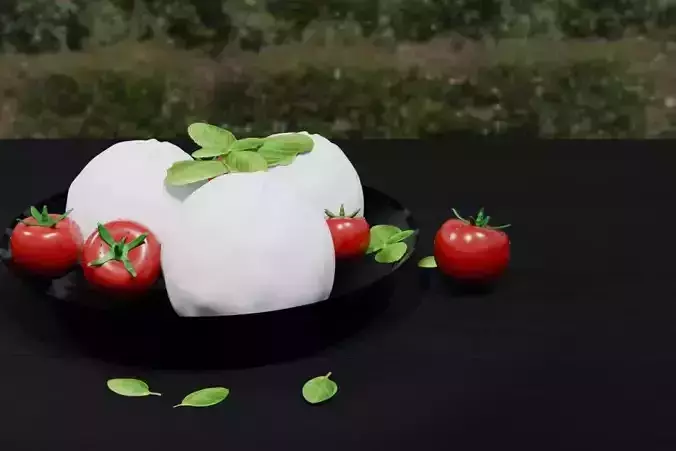 Mozzarella Balls in Plate with Cherry Tomatoes and Basil Leaves  3D model