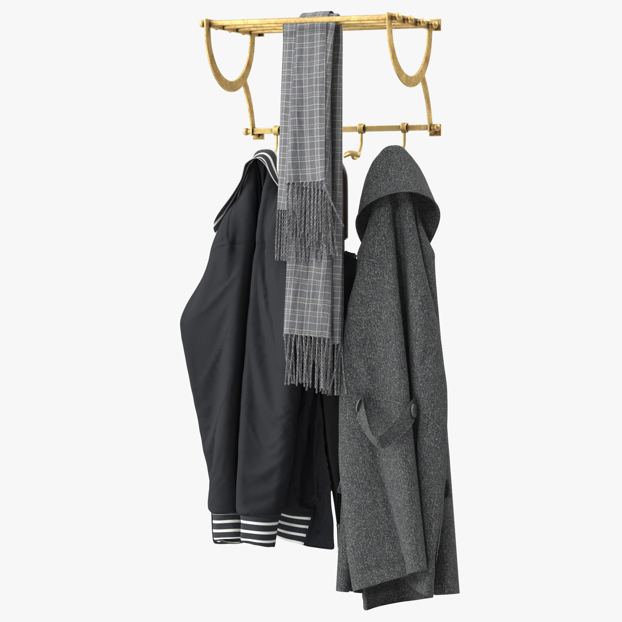 Antique Gold Luggage Rack With Coat Hooks 3D model_4