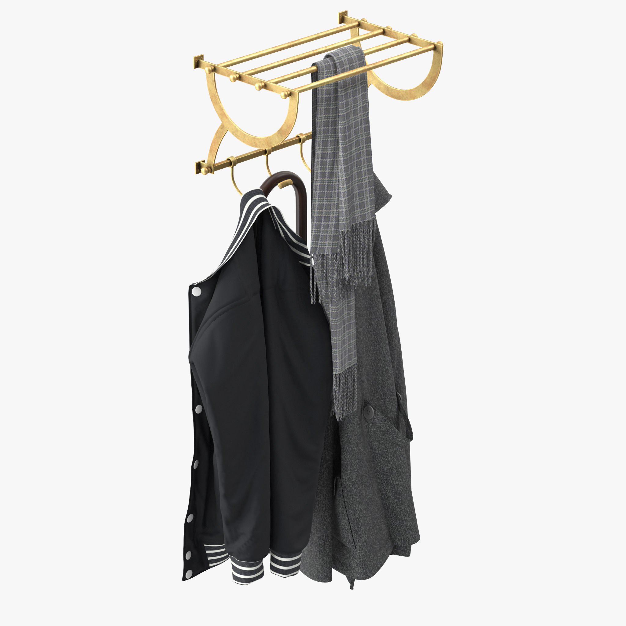 Antique Gold Luggage Rack With Coat Hooks 3D model_5