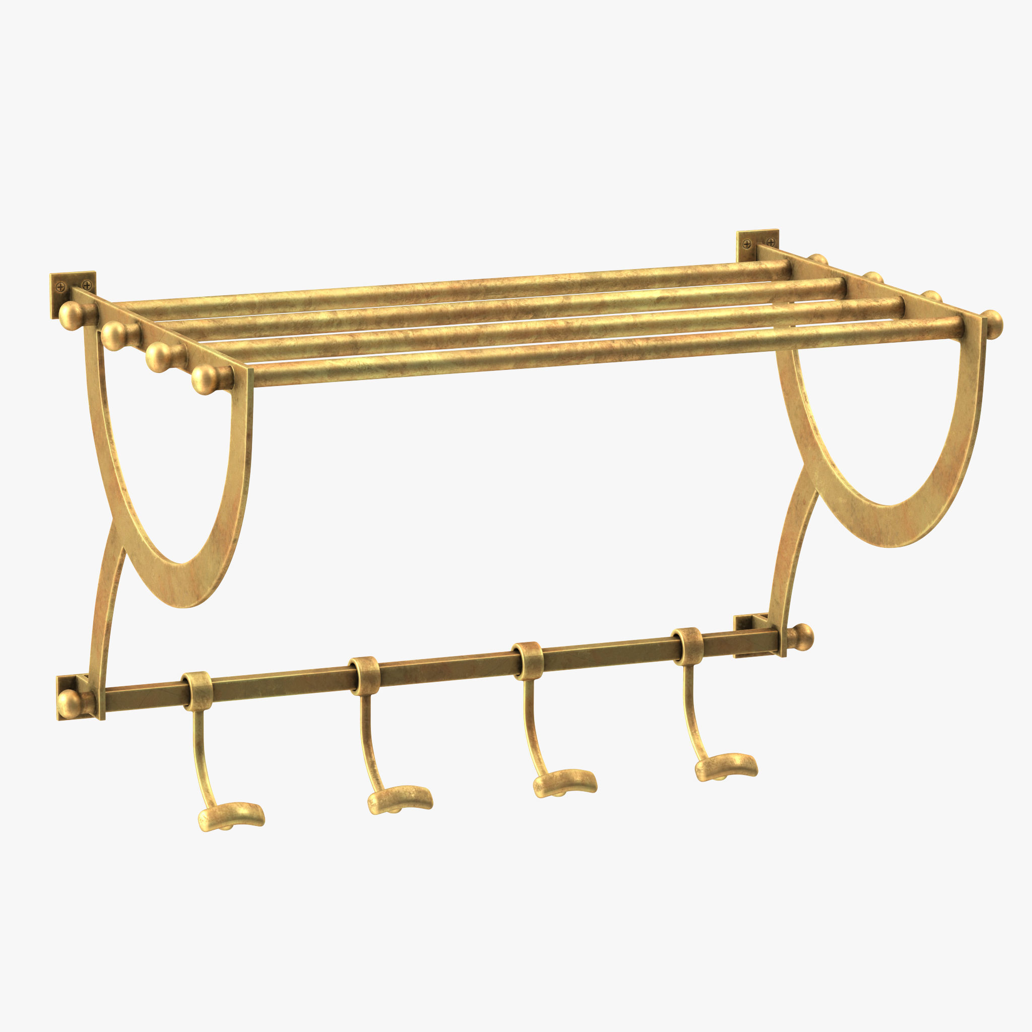 Antique Gold Luggage Rack With Coat Hooks 3D model_6