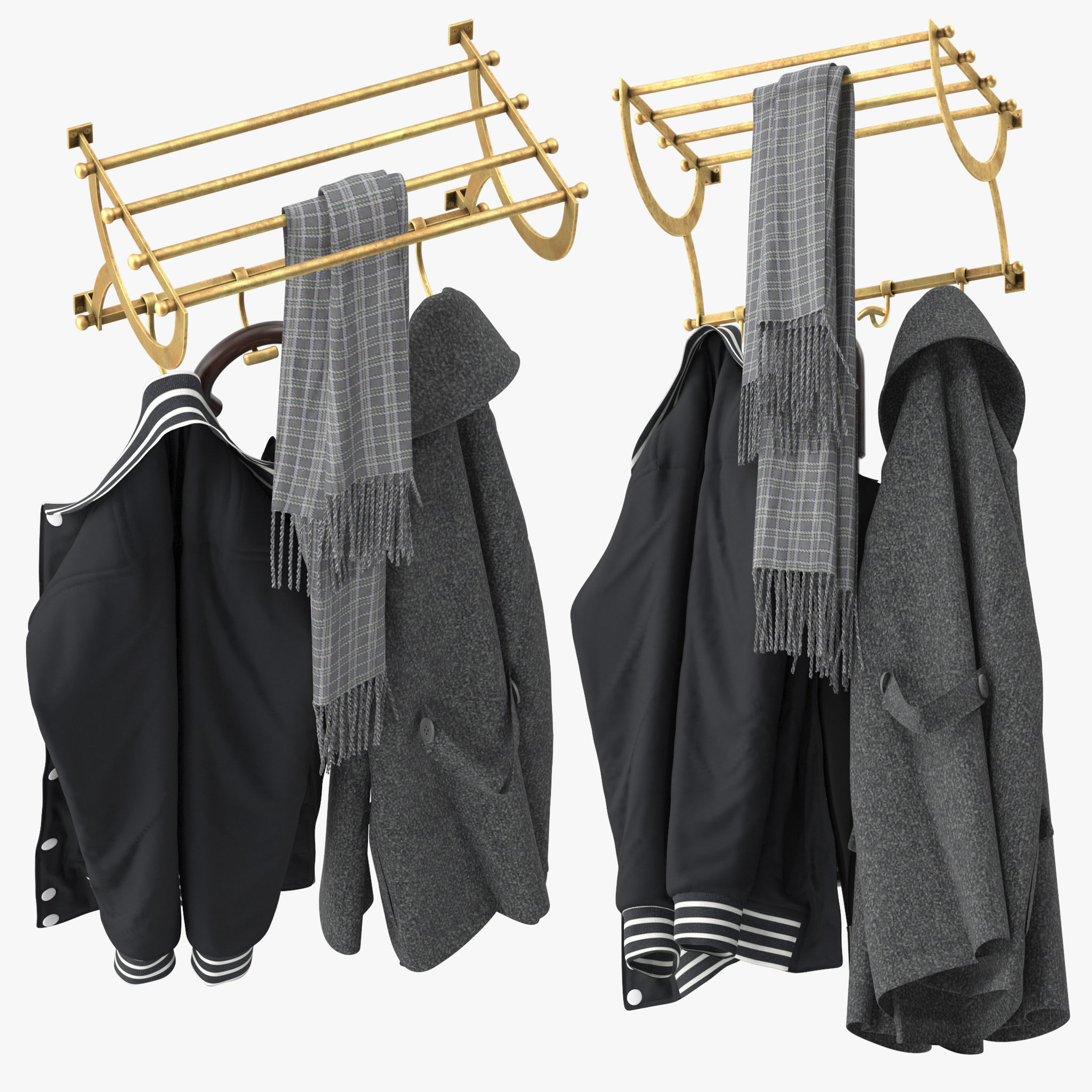 Antique Gold Luggage Rack With Coat Hooks 3D model_3