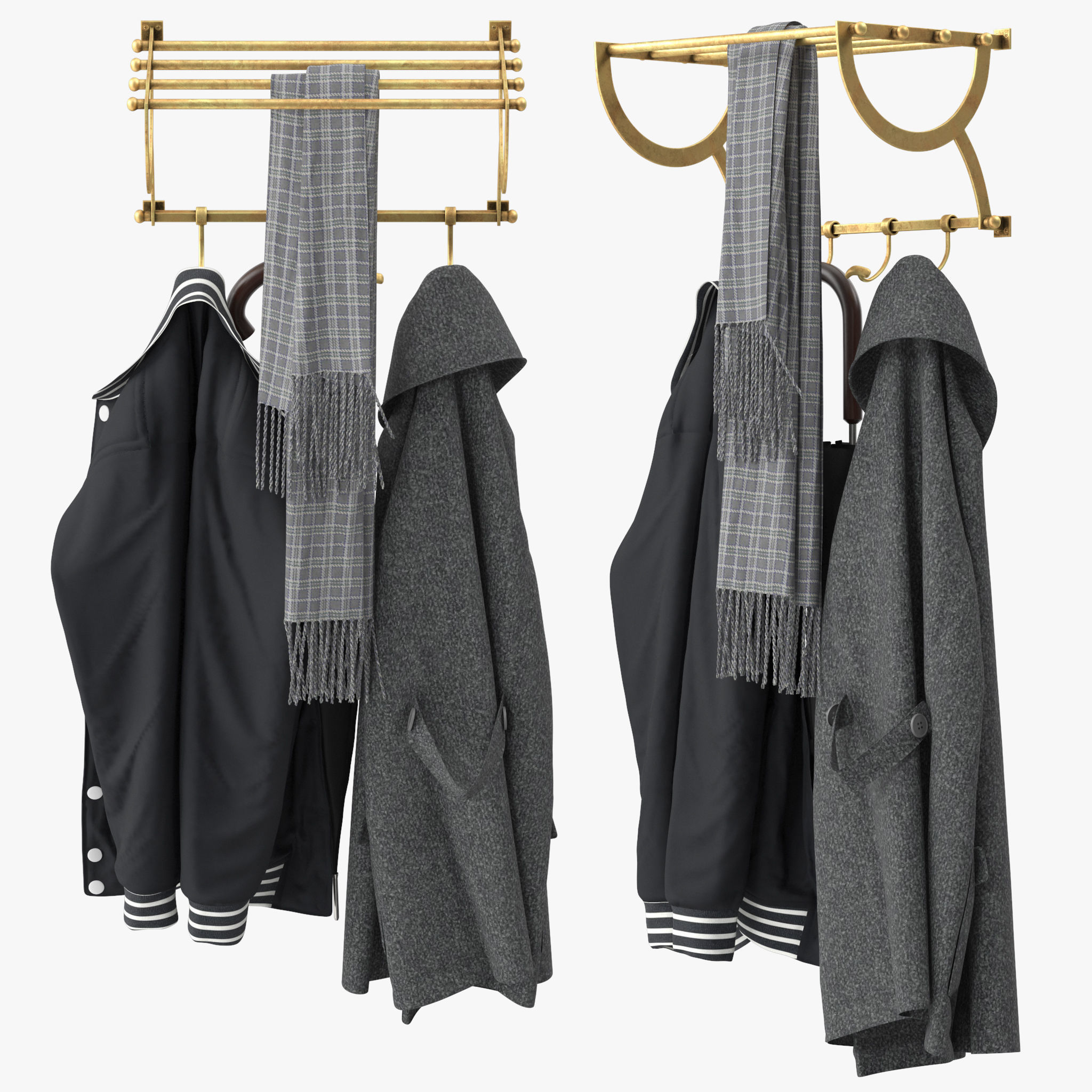 Antique Gold Luggage Rack With Coat Hooks 3D model_2