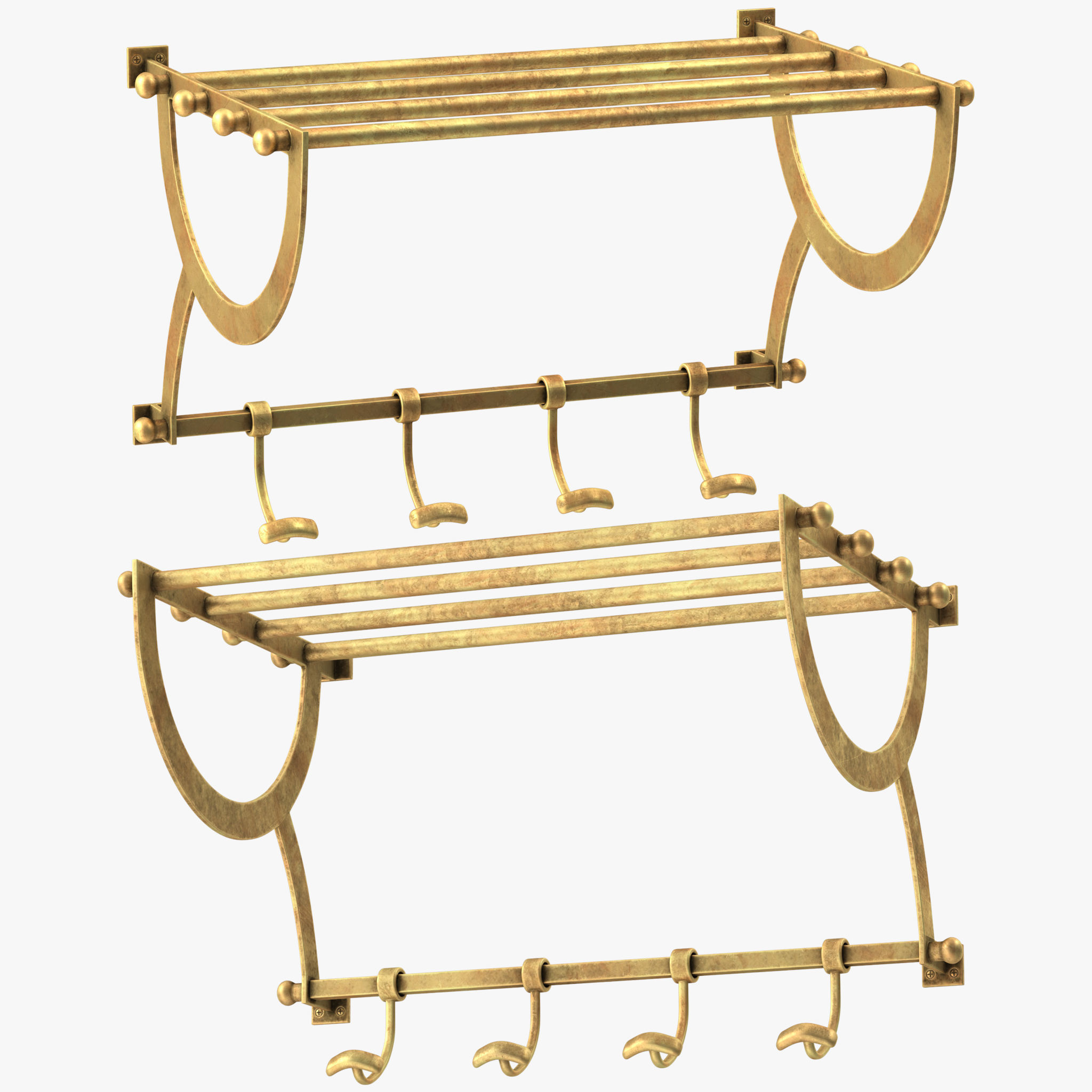 Antique Gold Luggage Rack With Coat Hooks 3D model_1