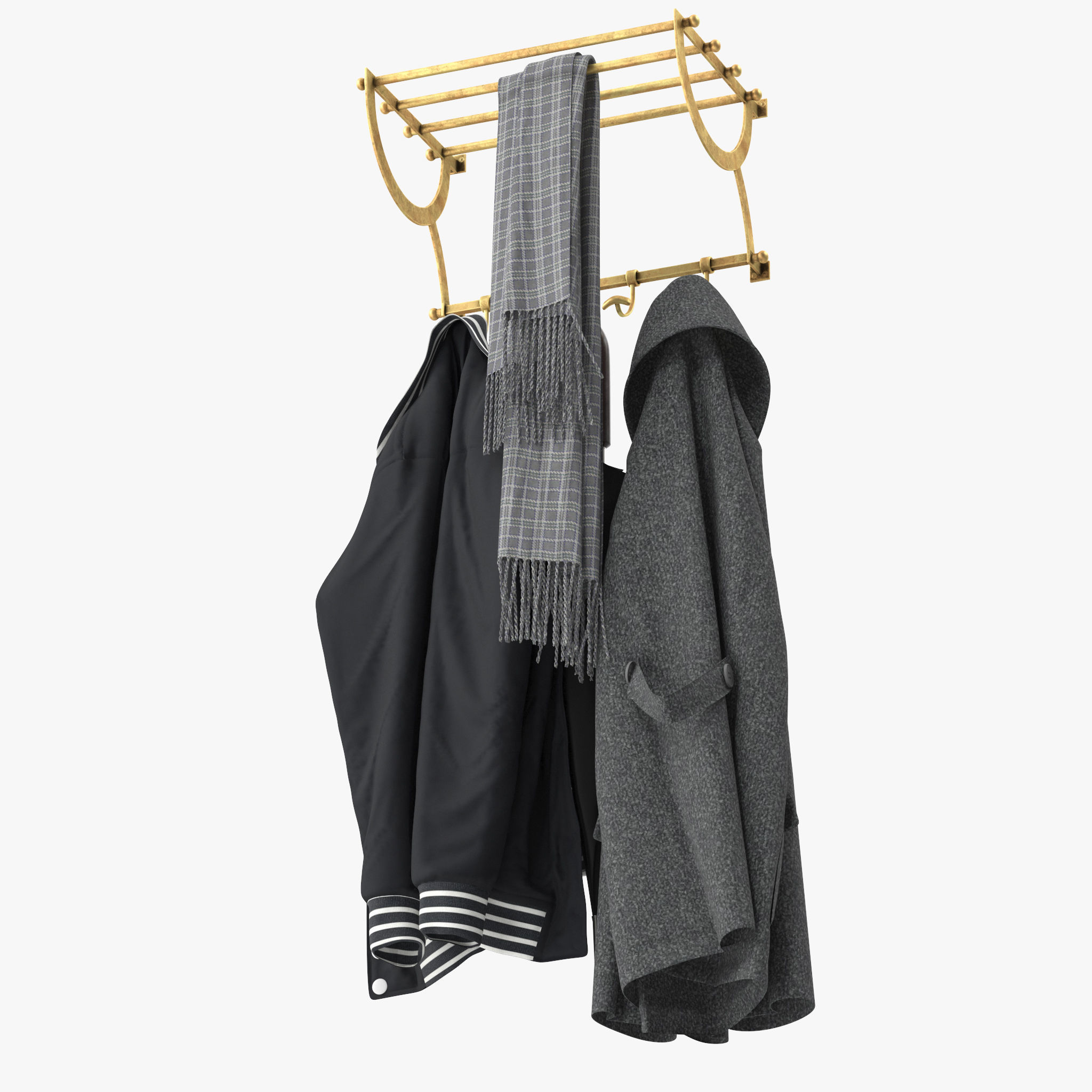 Antique Gold Luggage Rack With Coat Hooks 3D model_10