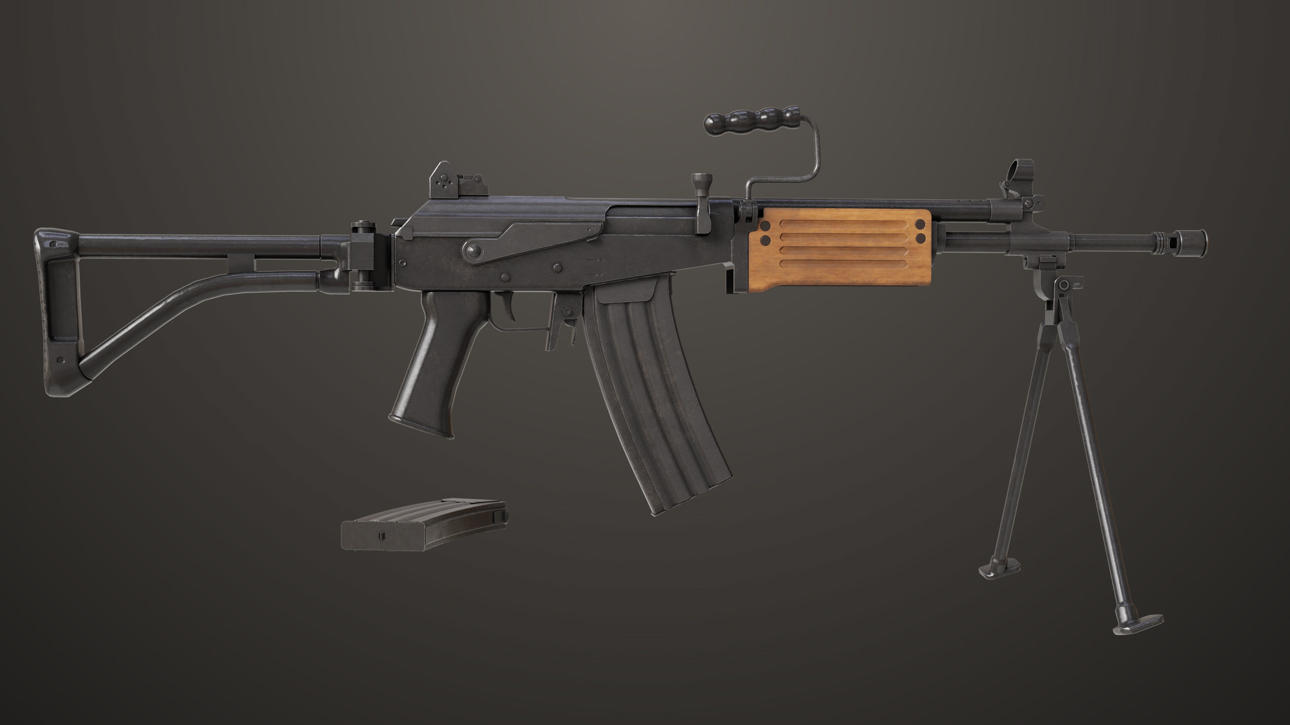 Machine Gun 13 Wood Handle All PBR Unity UE Textures Low-poly 3D model_9