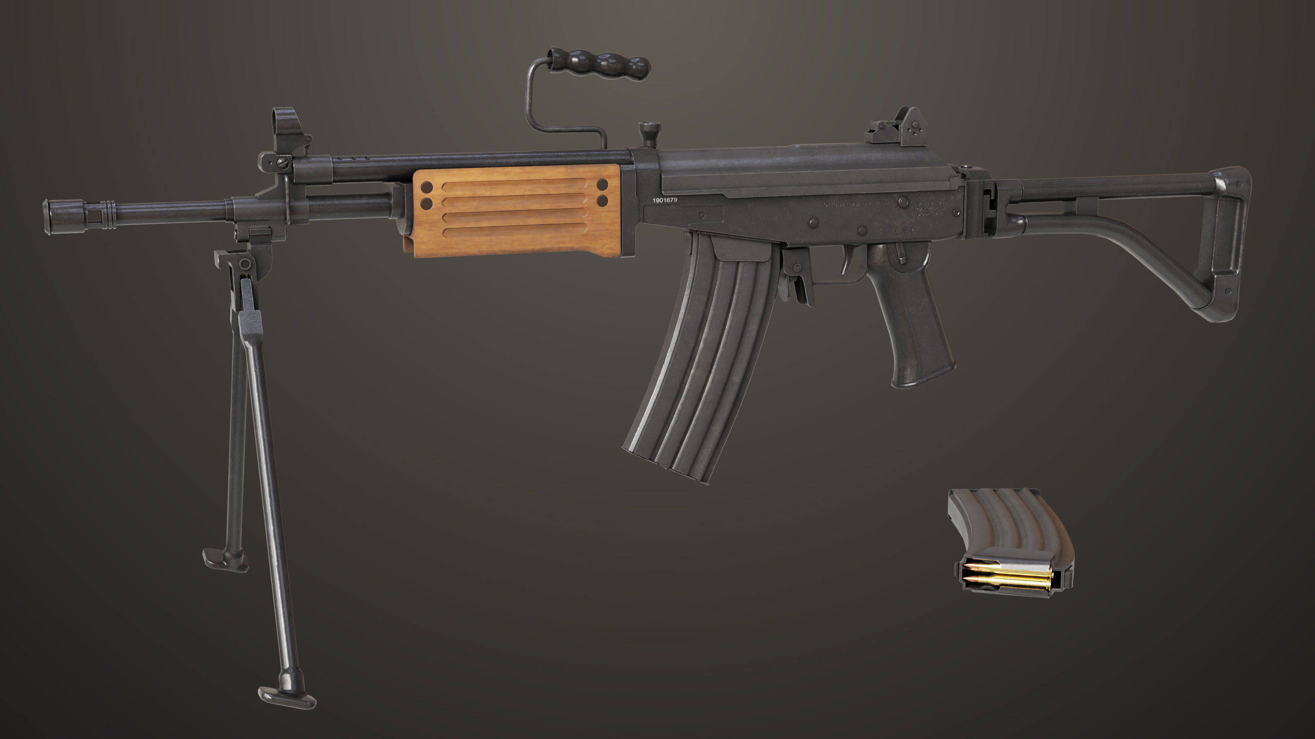 Machine Gun 13 Wood Handle All PBR Unity UE Textures Low-poly 3D model_2