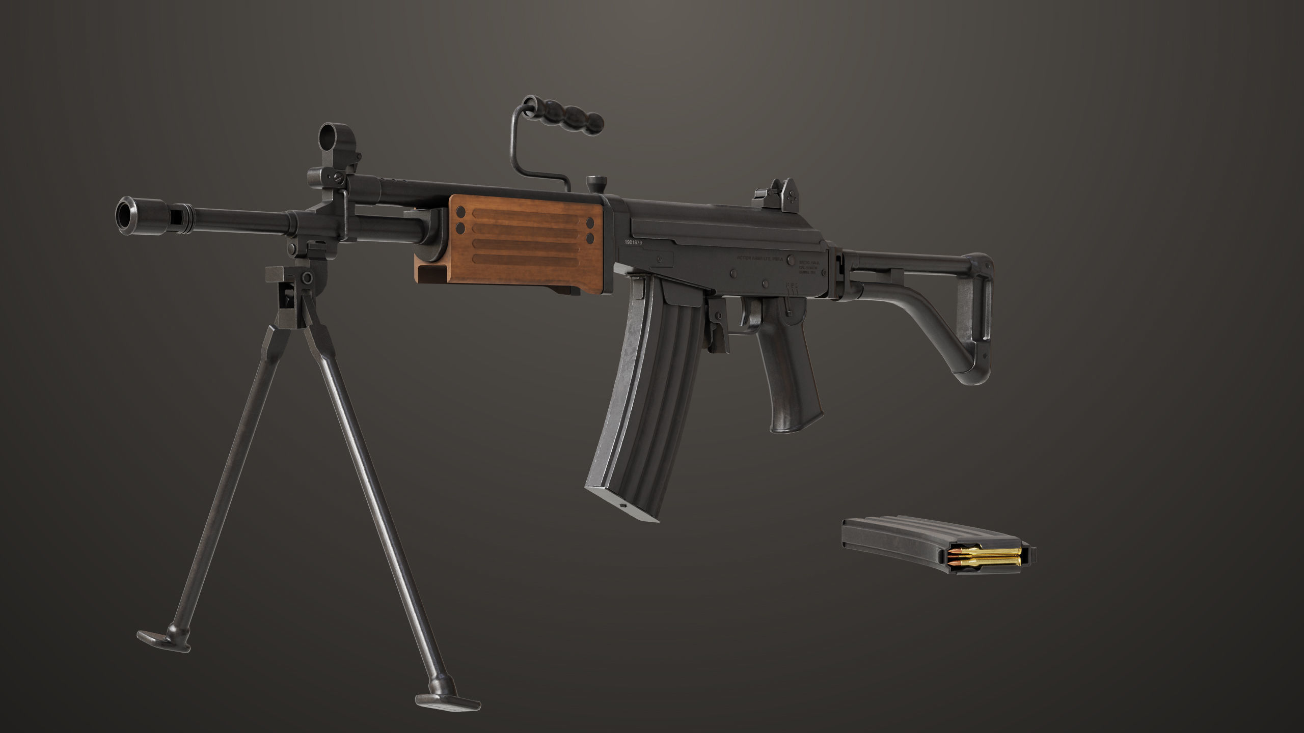 Machine Gun 13 Wood Handle All PBR Unity UE Textures Low-poly 3D model_4