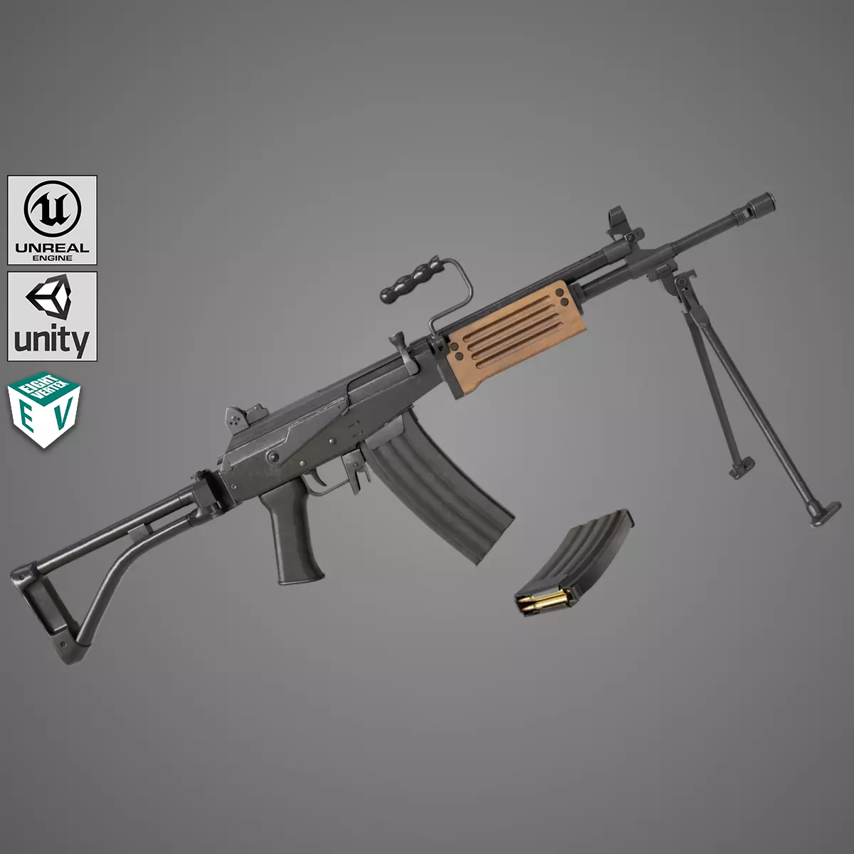 Machine Gun 13 Wood Handle All PBR Unity UE Textures Low-poly 3D model_0