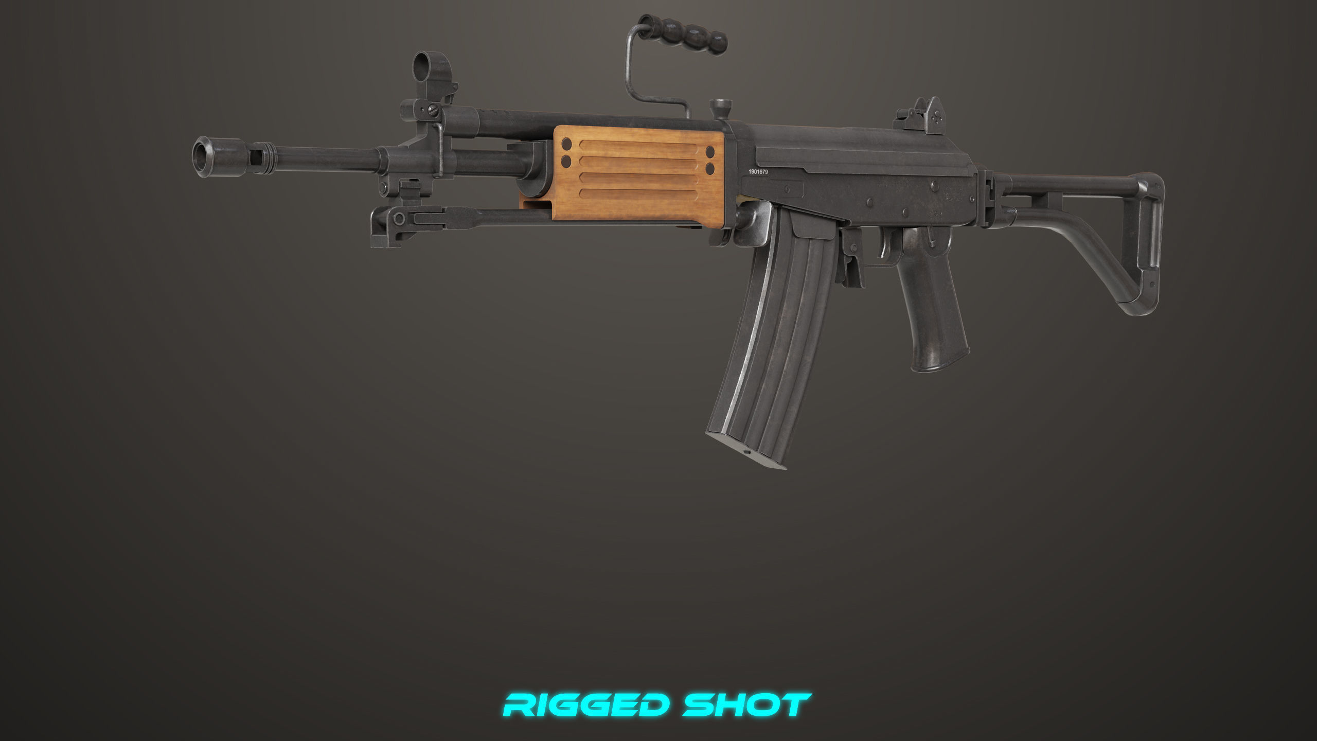 Machine Gun 13 Wood Handle All PBR Unity UE Textures Low-poly 3D model_3