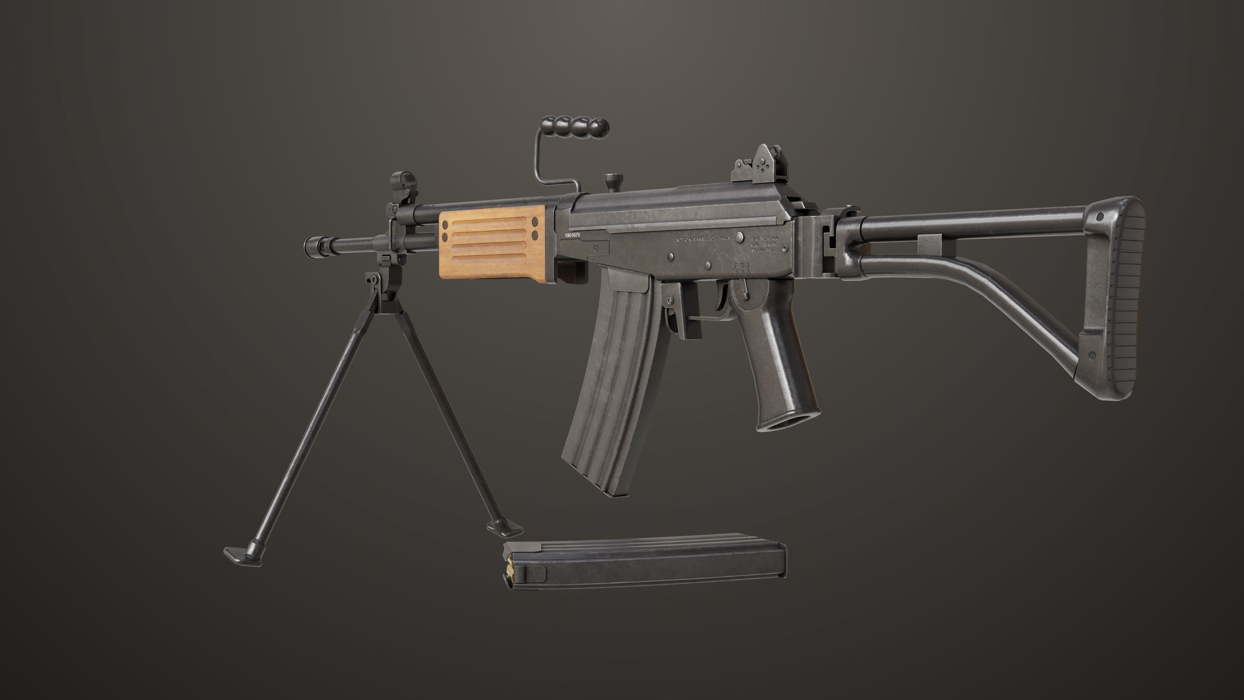 Machine Gun 13 Wood Handle All PBR Unity UE Textures Low-poly 3D model_11