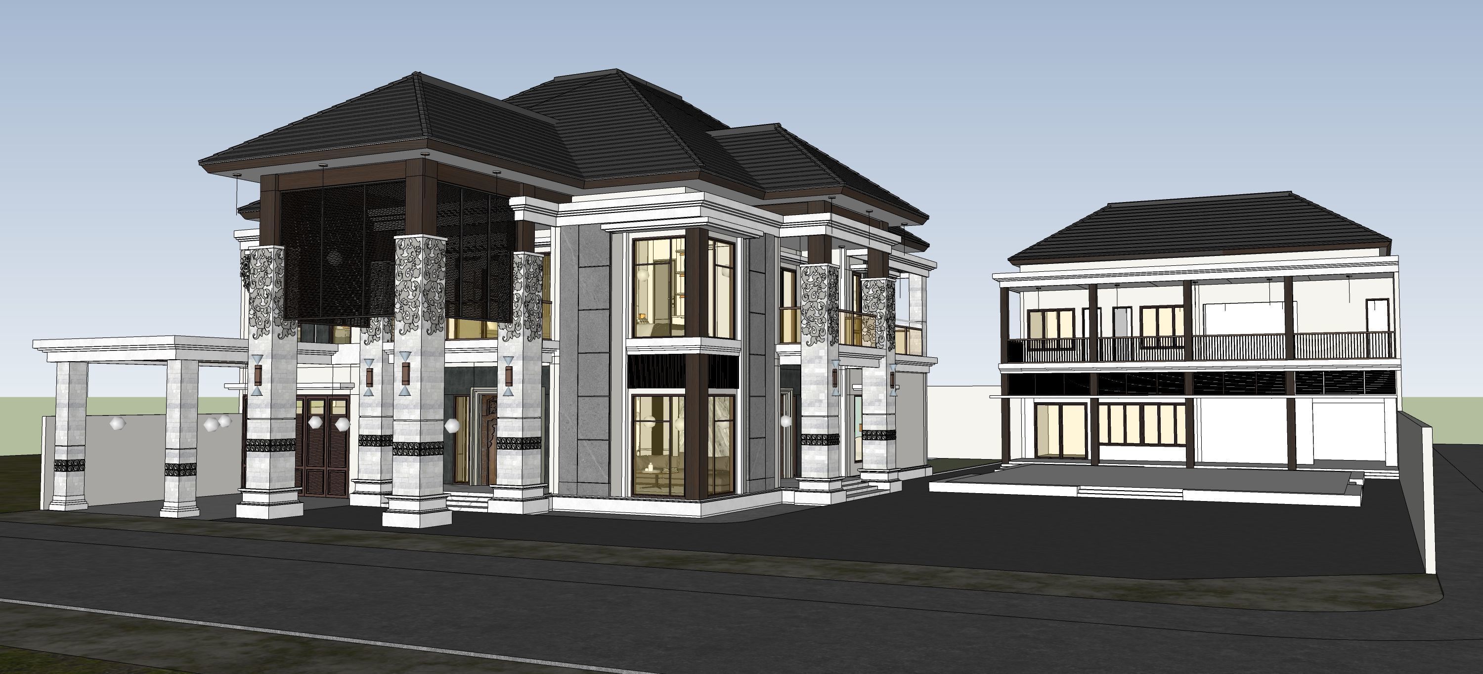 Luxury 2 floor House design with wooden House for reception 3D model_2