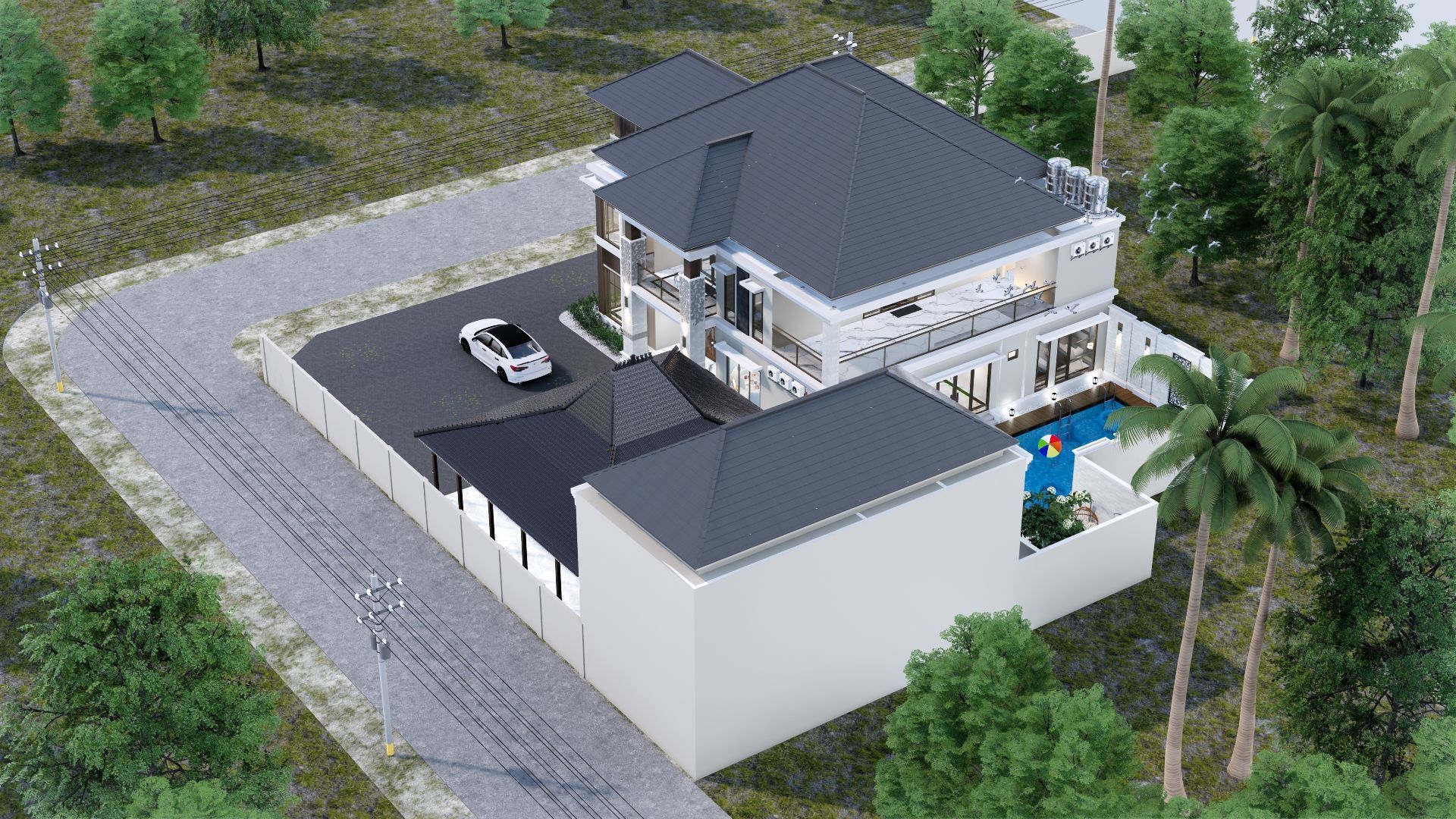 Luxury 2 floor House design with wooden House for reception 3D model_52