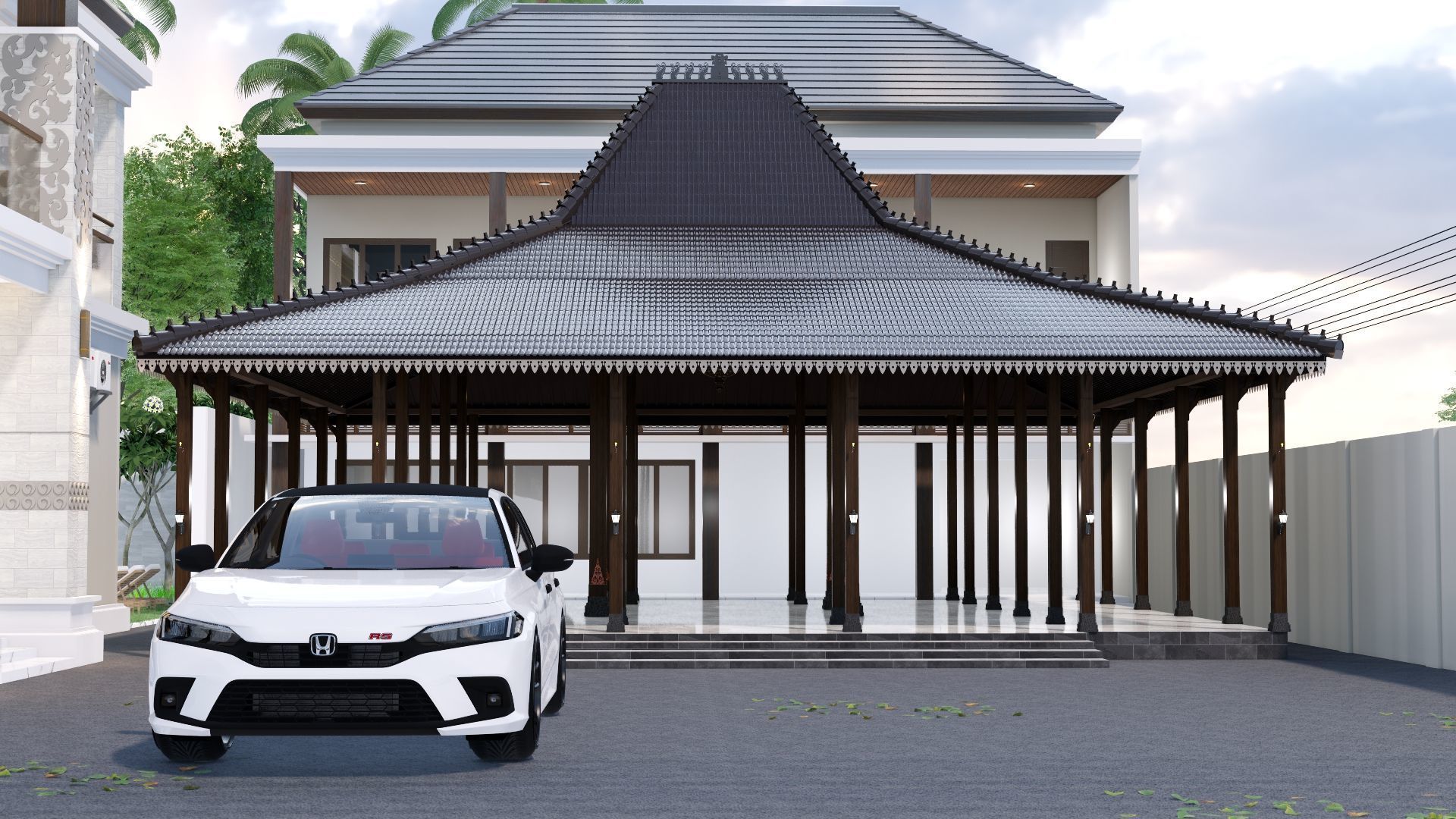 Luxury 2 floor House design with wooden House for reception 3D model_44