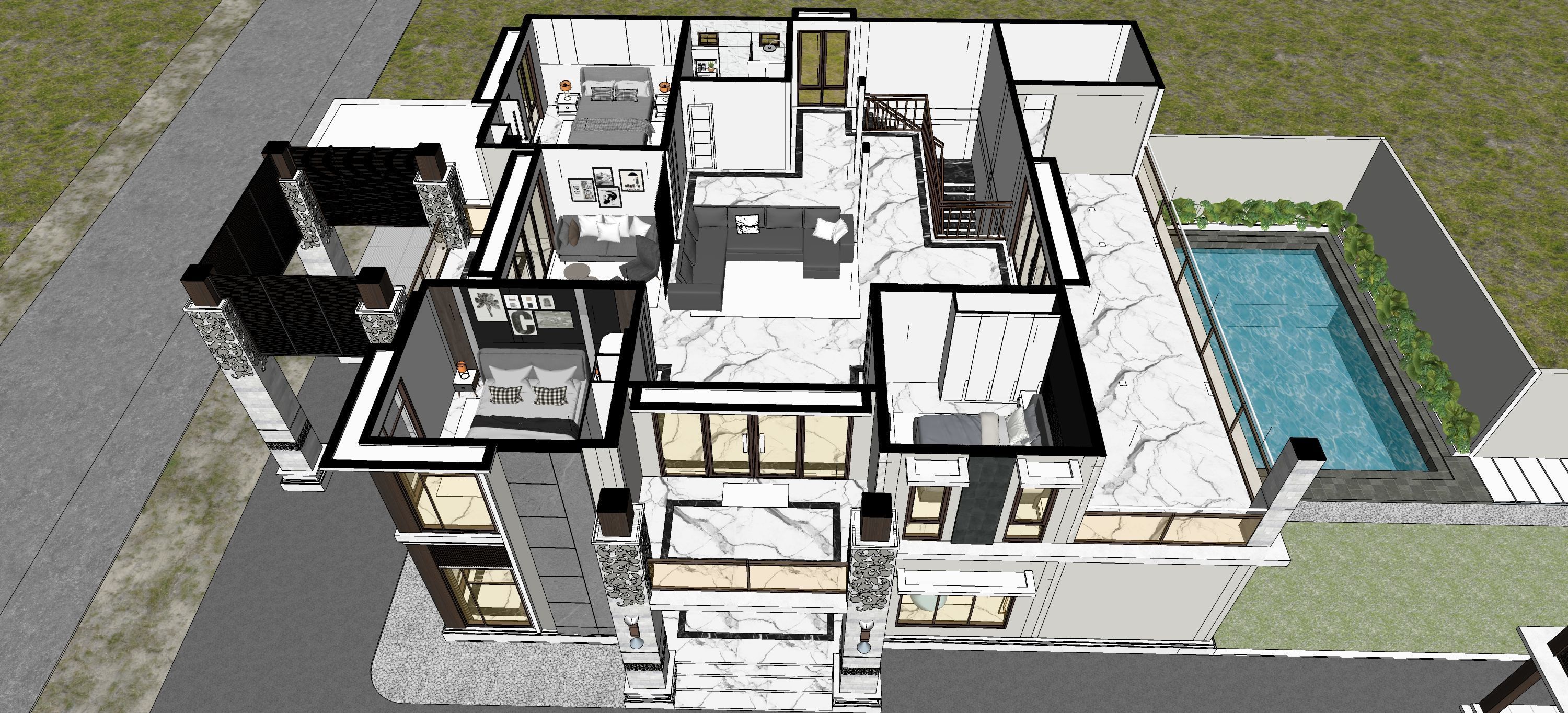 Luxury 2 floor House design with wooden House for reception 3D model_10