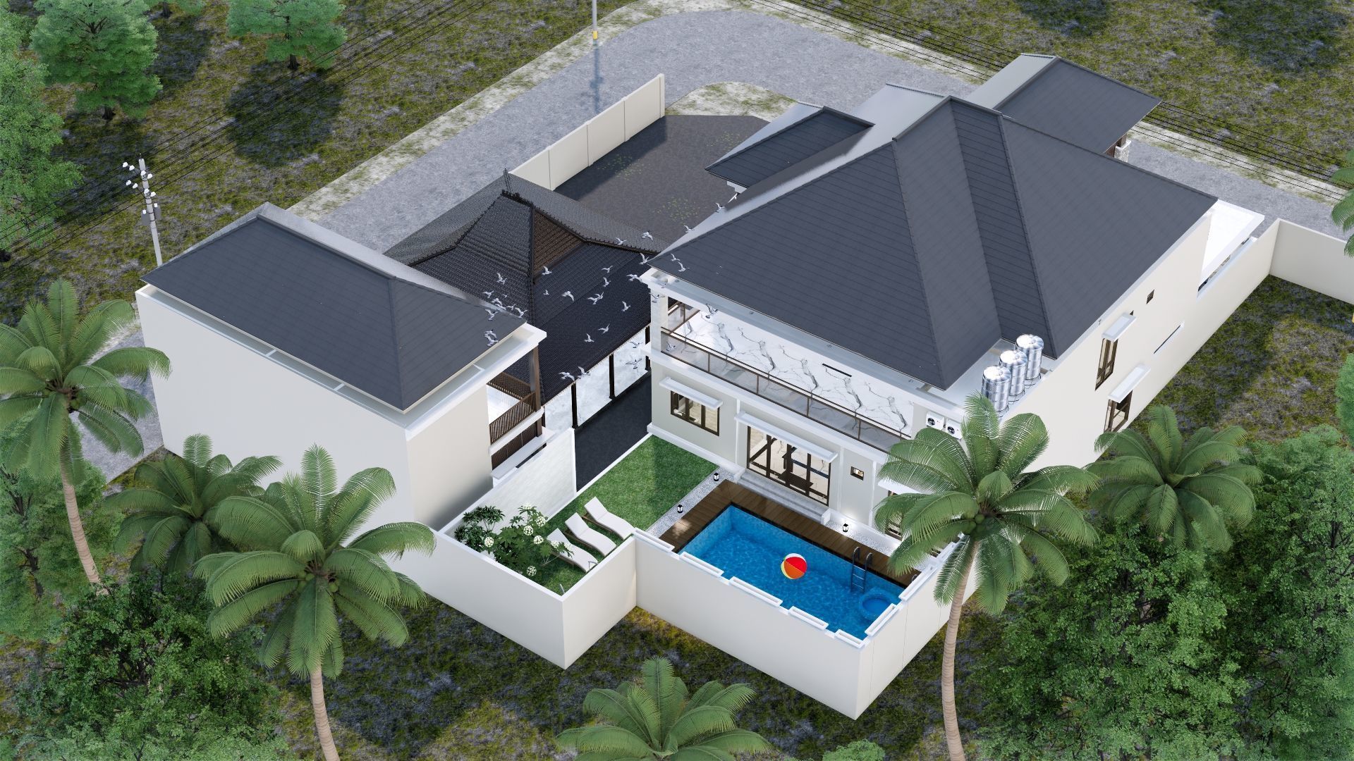 Luxury 2 floor House design with wooden House for reception 3D model_48