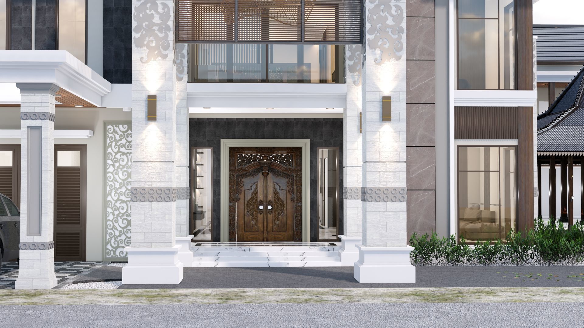 Luxury 2 floor House design with wooden House for reception 3D model_40