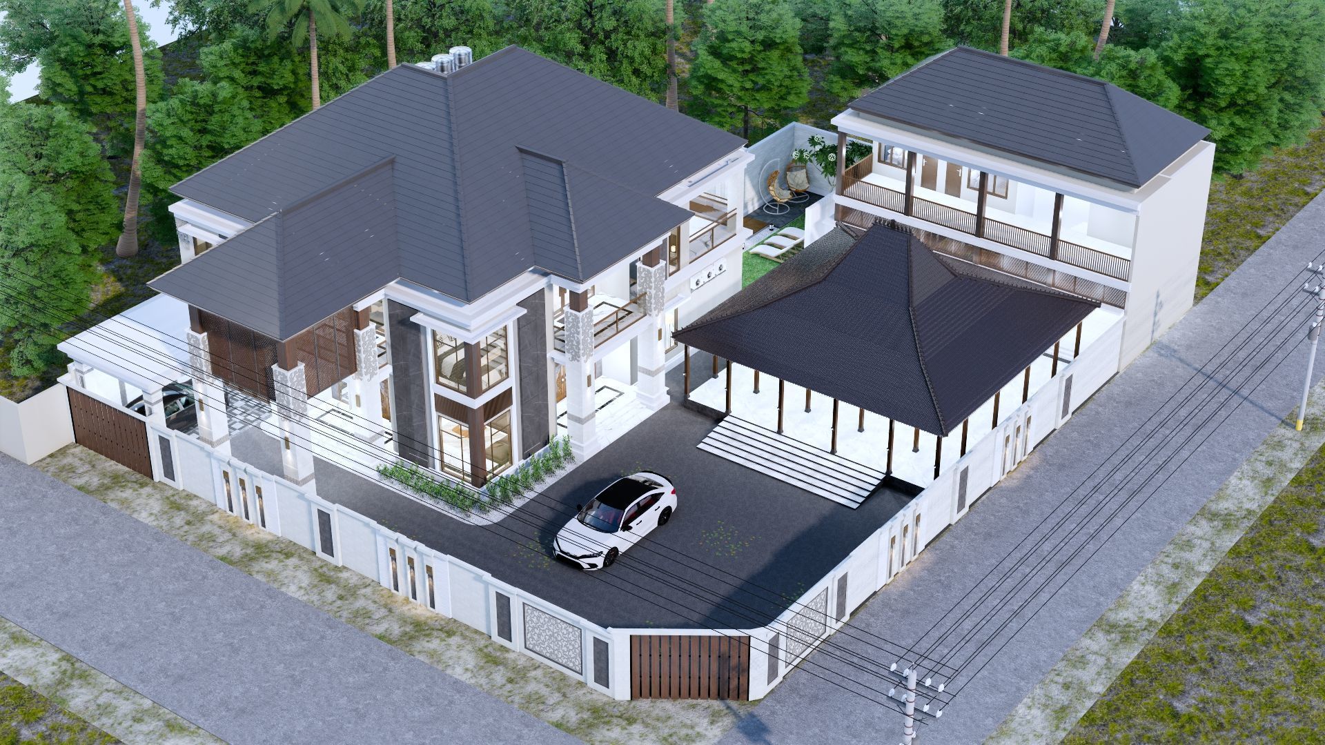 Luxury 2 floor House design with wooden House for reception 3D model_12