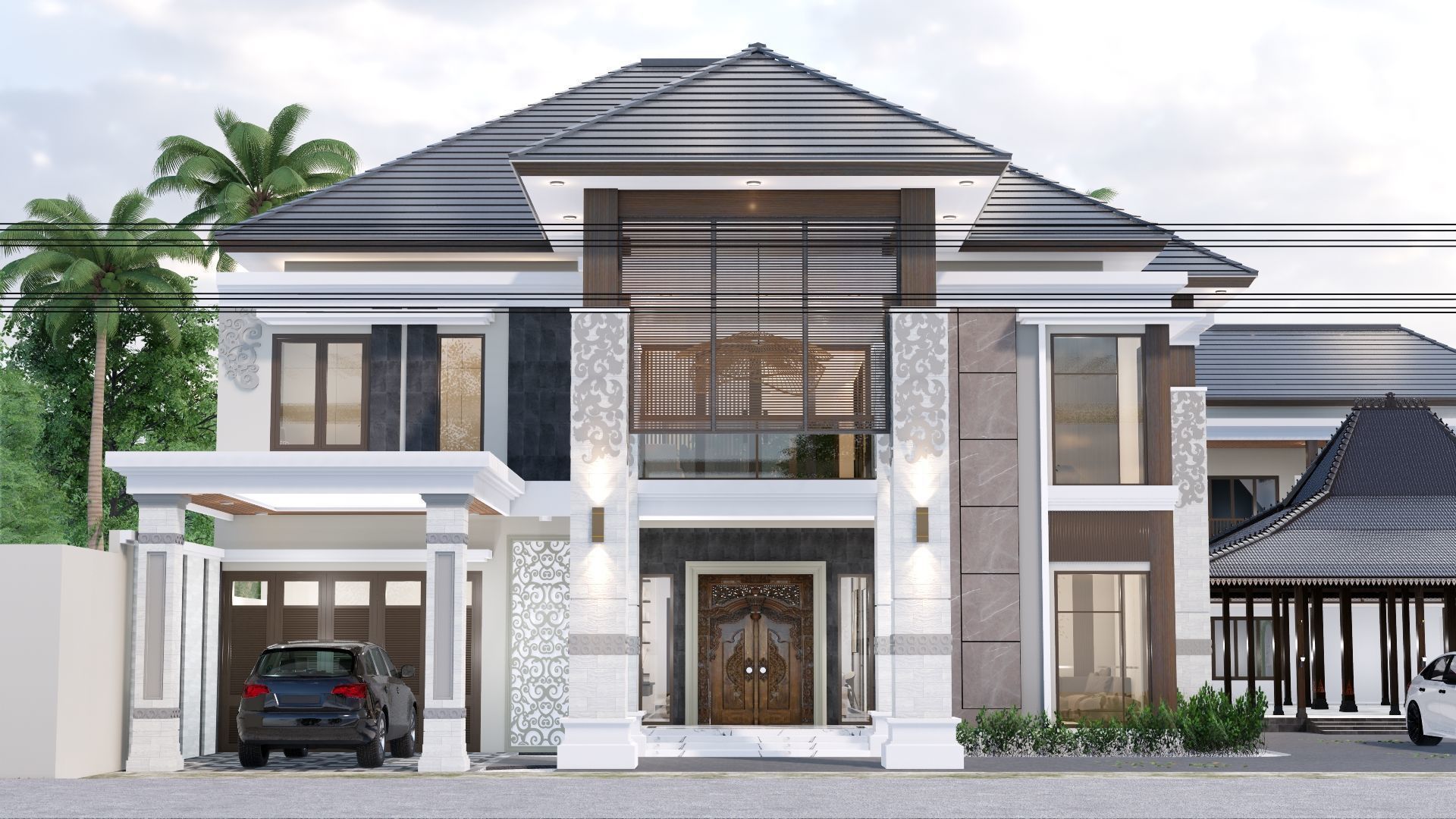 Luxury 2 floor House design with wooden House for reception 3D model_53