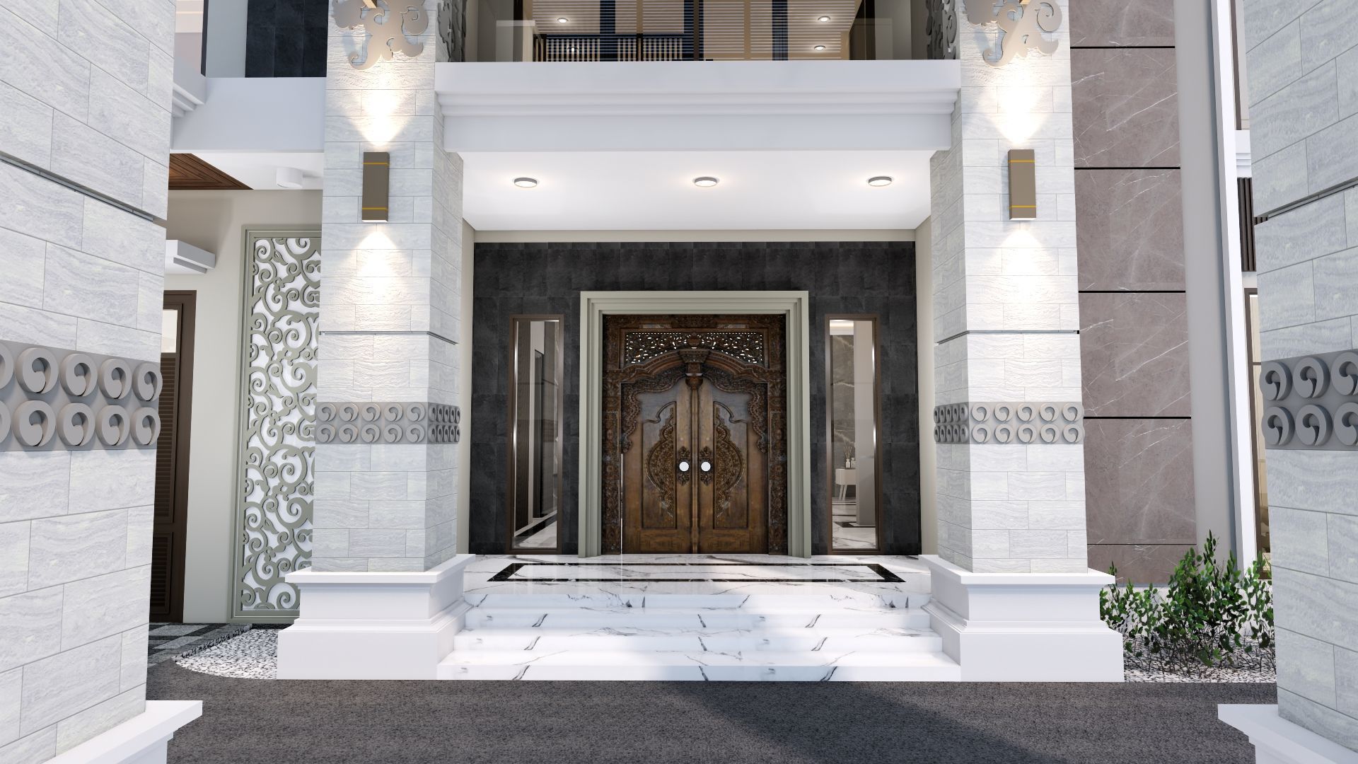 Luxury 2 floor House design with wooden House for reception 3D model_45