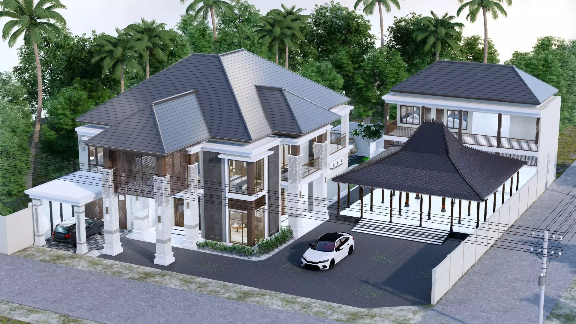 Luxury 2 floor House design with wooden House for reception 3D model_0
