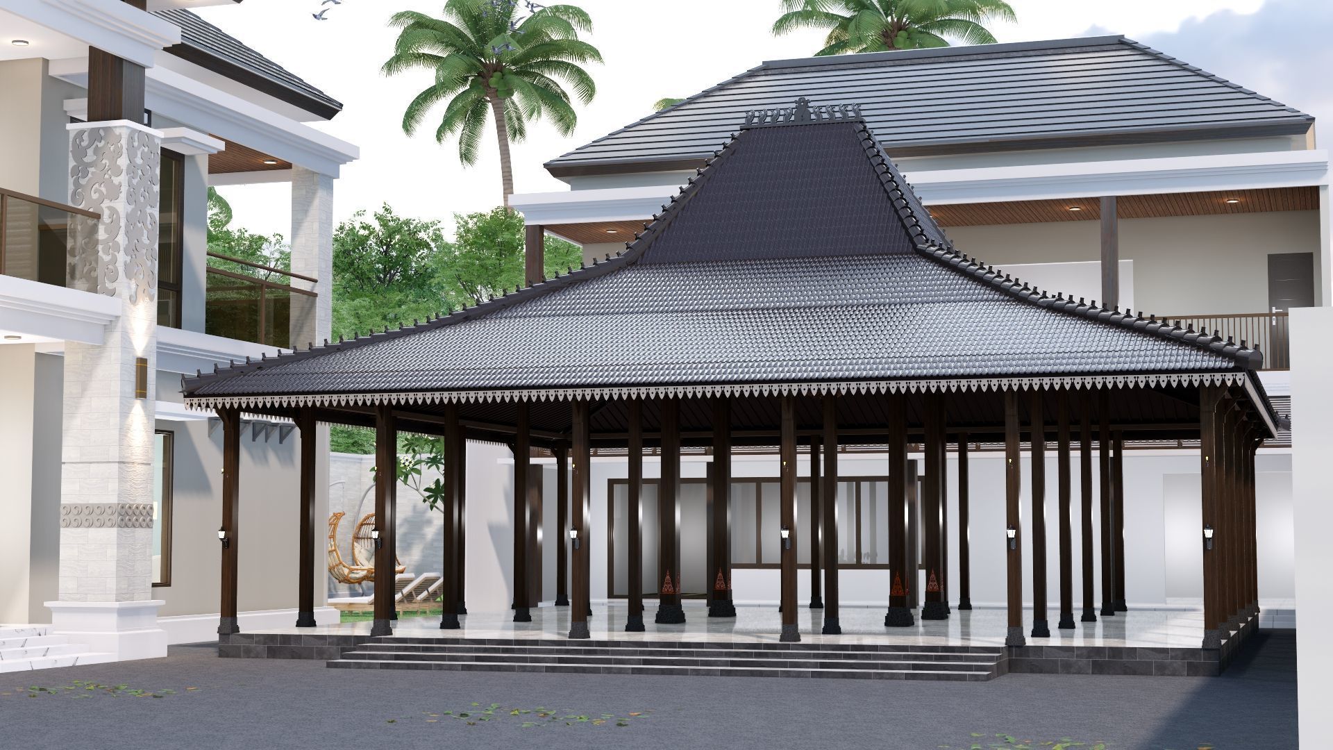 Luxury 2 floor House design with wooden House for reception 3D model_38