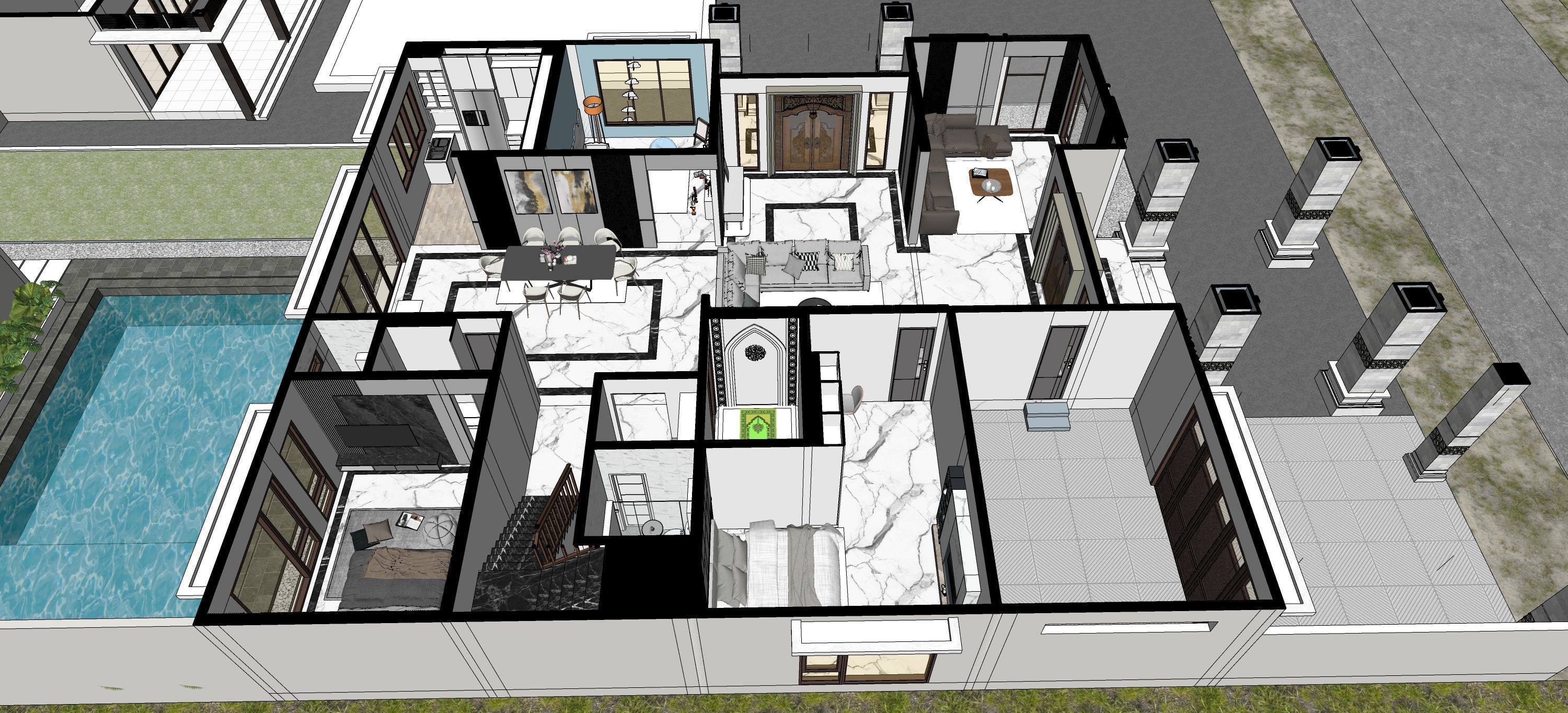 Luxury 2 floor House design with wooden House for reception 3D model_8