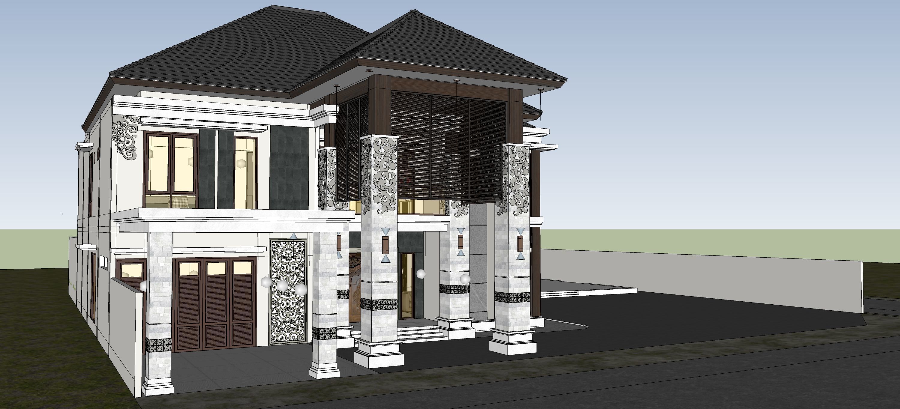 Luxury 2 floor House design with wooden House for reception 3D model_3