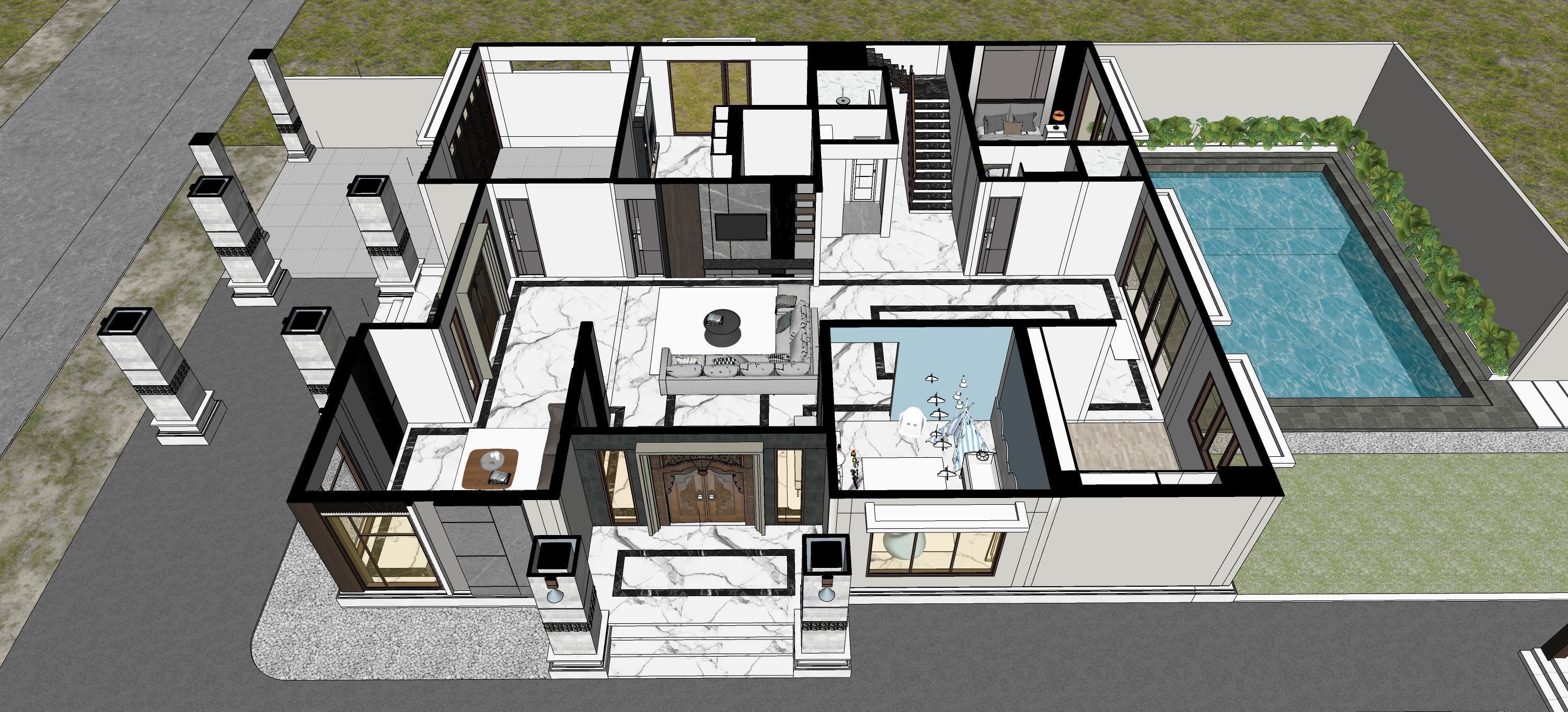 Luxury 2 floor House design with wooden House for reception 3D model_7