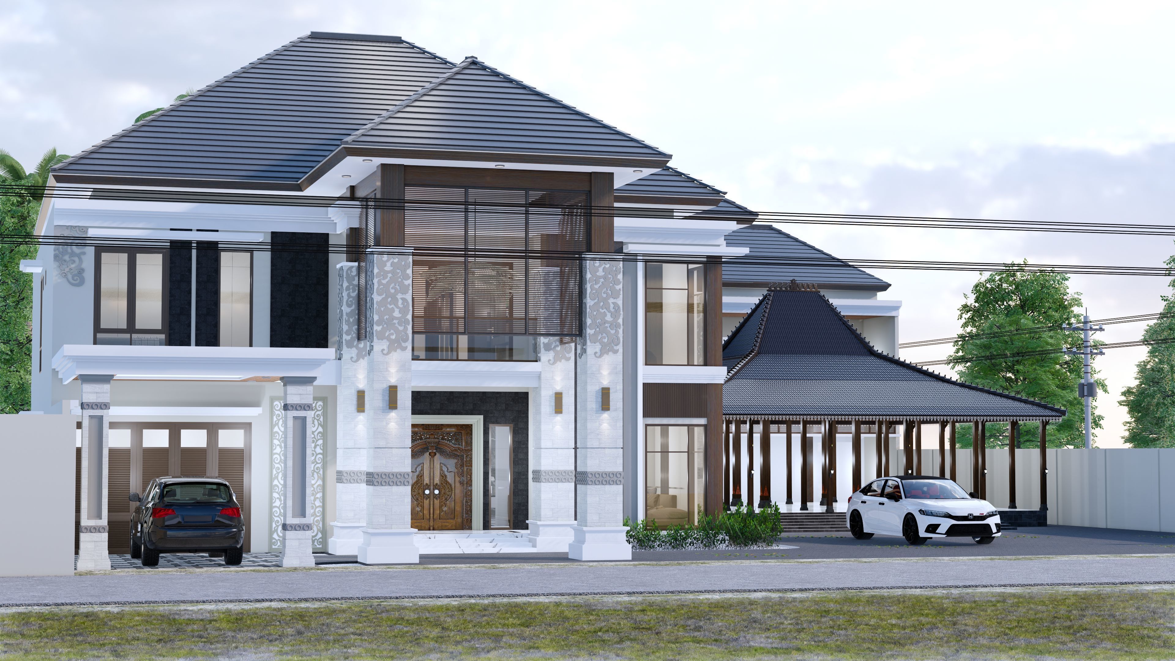 Luxury 2 floor House design with wooden House for reception 3D model_1