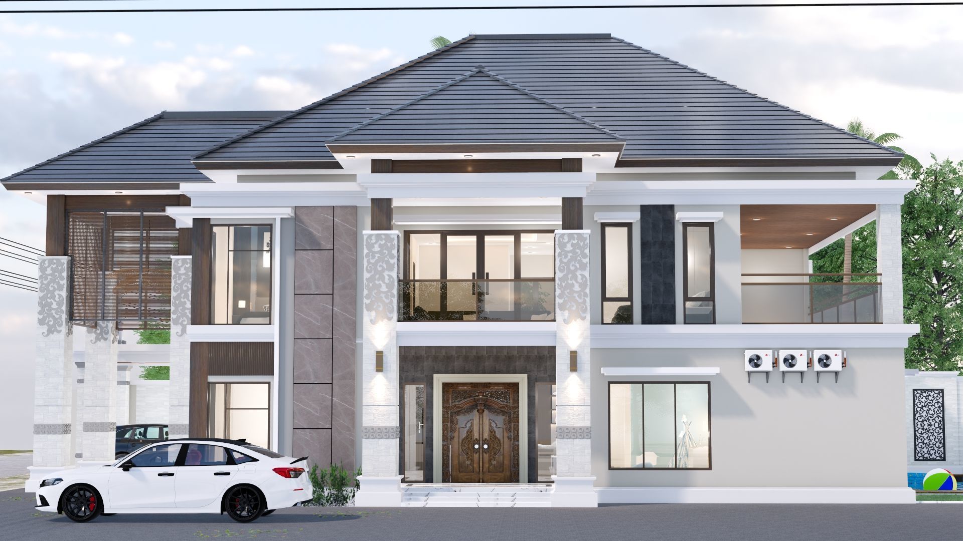 Luxury 2 floor House design with wooden House for reception 3D model_54